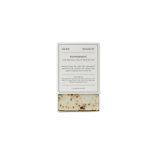 Herb Remedy botanical soap bar Peppermint front view half open showing soap