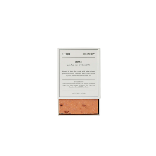 Herb Remedy botanical soap bar Rose front view half open showing soap