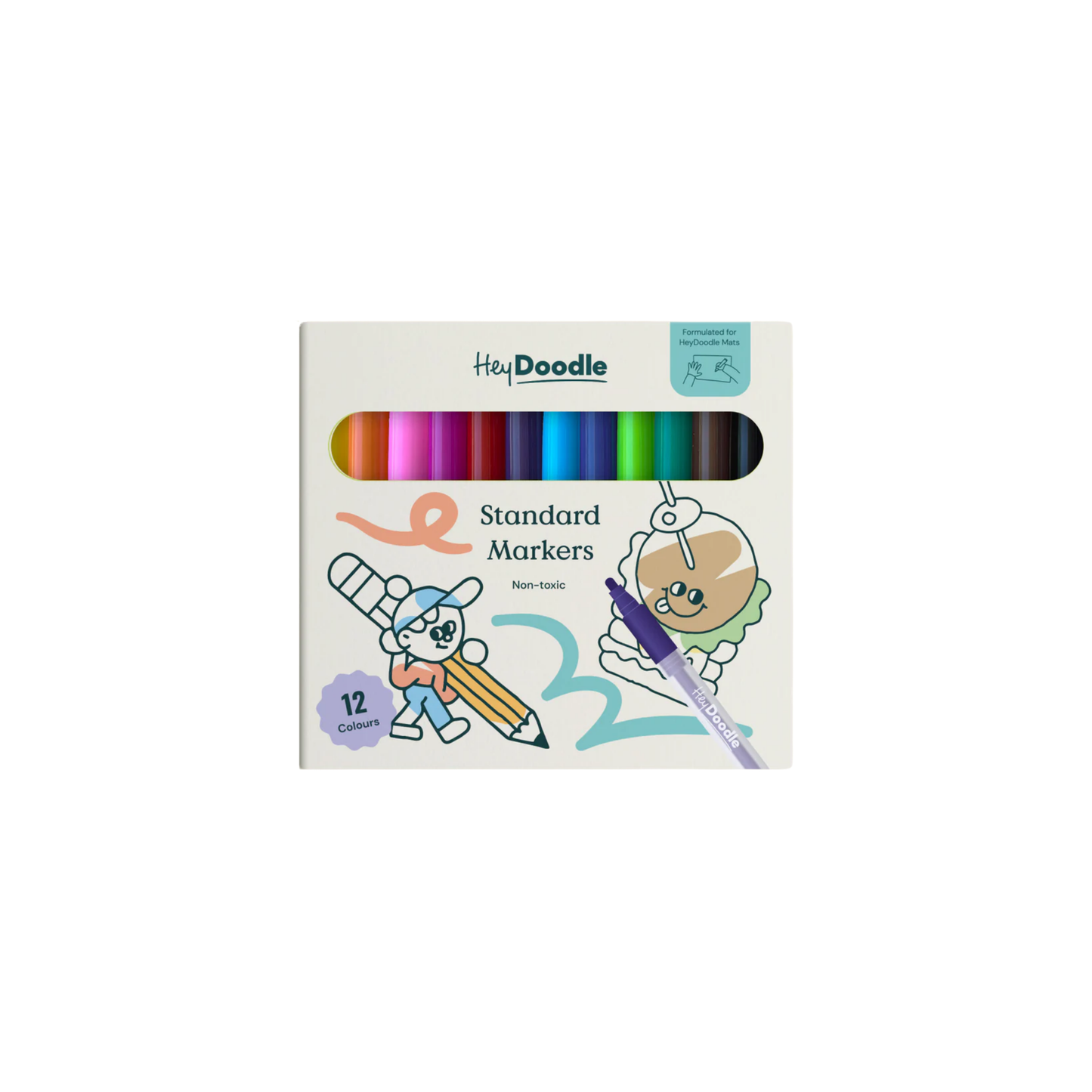 Hey Doodle Standard Colour Markers - 12 non-toxic erasable markers, safe for kids, smudge-free when dry, includes 3 bonus colors, perfect for left-handed use, child-safe art set for creative play and learning.