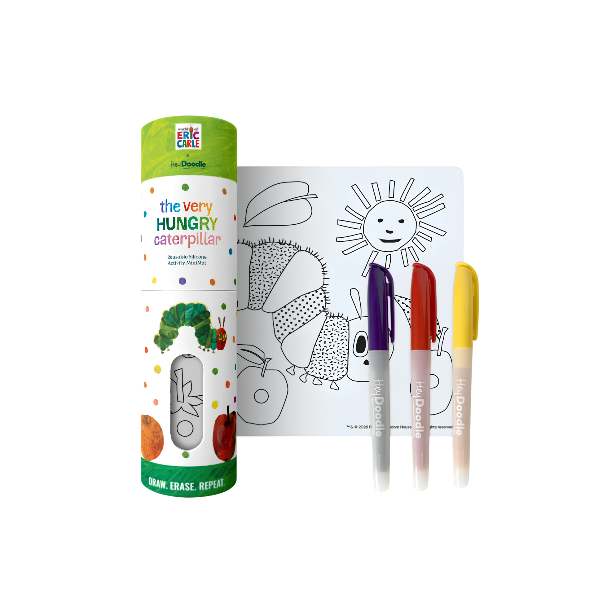 A Hey Doodle Mini Colouring & Doodle Mat The Very Hungry Caterpillar set with an activity mat, markers, and storage tube.