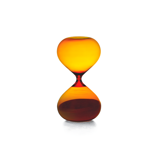 Hightide extra-large hourglass with amber glass and coloured sand, designed as a 30-minute sand timer for longer focus sessions, home décor, or kitchen use. A striking, handmade glass hourglass that enhances any workspace or room.