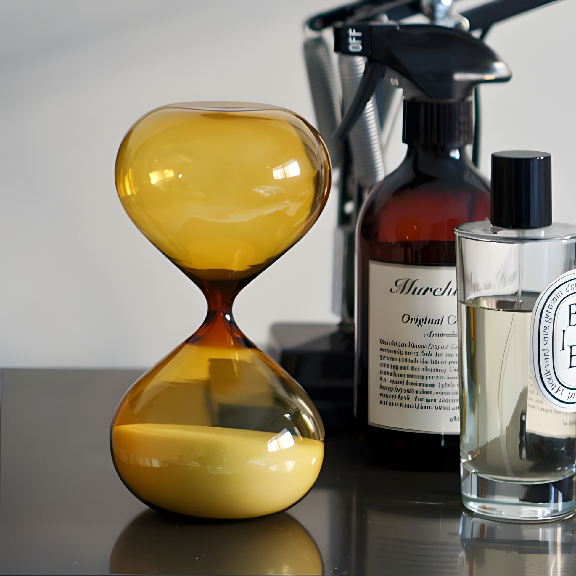 Showing with a bottle of spray beside Hightide extra-large hourglass with amber glass and coloured sand, designed as a 30-minute sand timer for longer focus sessions, home décor, or kitchen use. A striking, handmade glass hourglass that enhances any workspace or room.