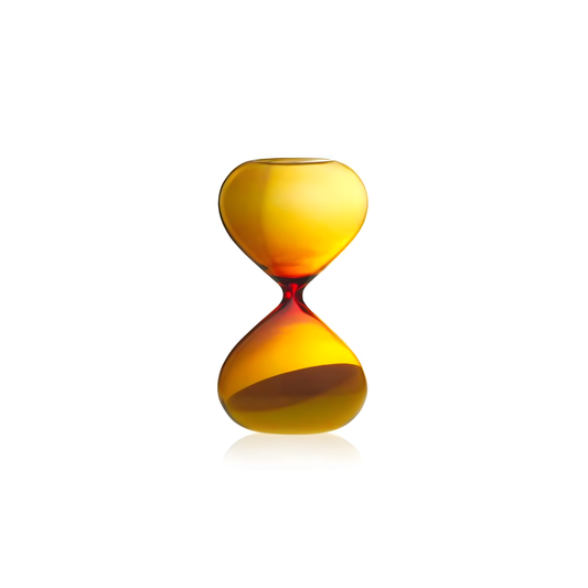 Hightide large hourglass featuring amber glass and coloured sand, offering a 15-minute timer for work sessions, relaxing breaks, or decorative home styling. A modern glass hourglass perfect for shelves, offices, and creative spaces.