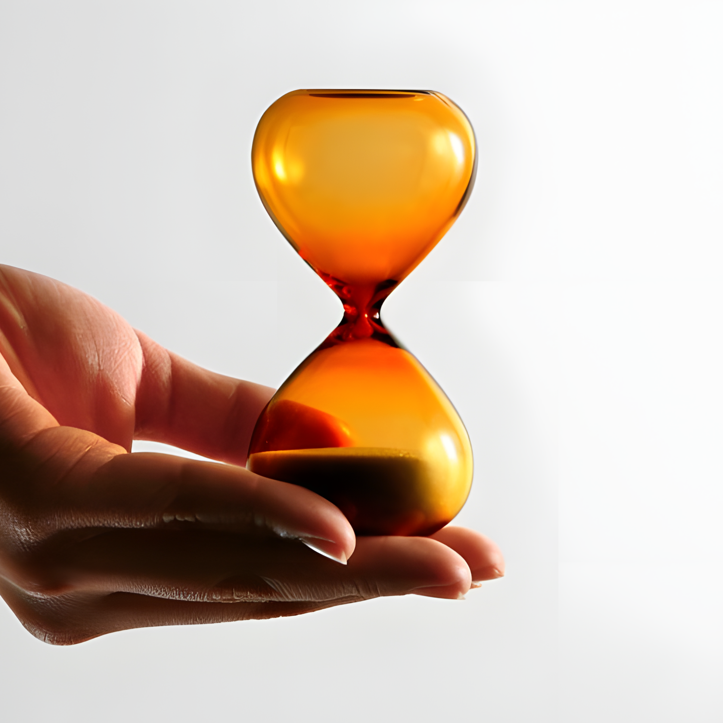 Showing a rested hourglass on the fingers, Hightide medium hourglass with amber glass and coloured sand, a 5-minute handmade sand timer ideal for productivity, cooking, meditation, or desk décor. Stylish Japanese-designed hourglass for everyday timing needs.