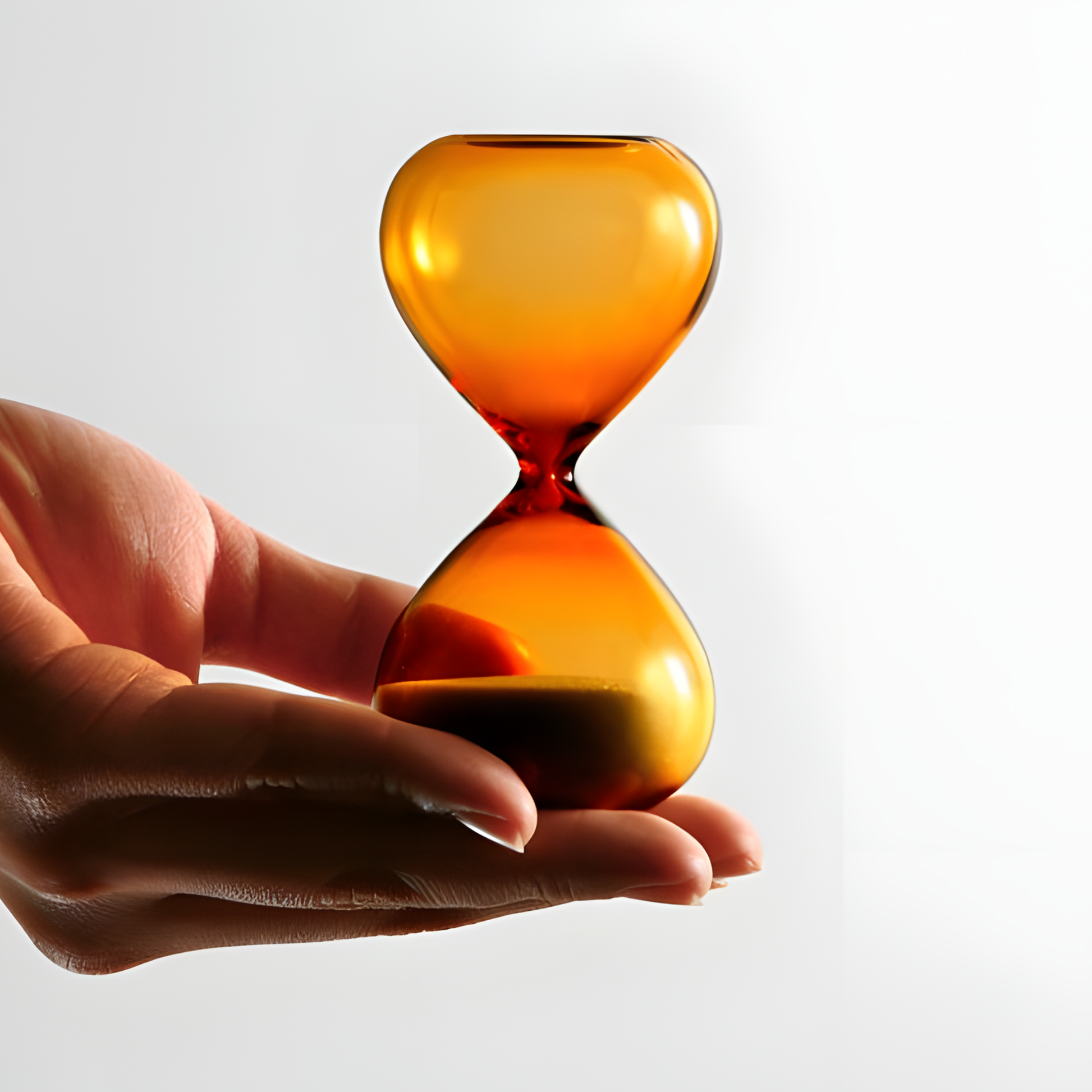 Showing a rested hourglass on the fingers, Hightide medium hourglass with amber glass and coloured sand, a 5-minute handmade sand timer ideal for productivity, cooking, meditation, or desk décor. Stylish Japanese-designed hourglass for everyday timing needs.