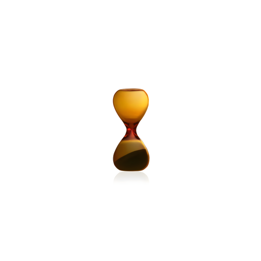 Hightide small hourglass timer with amber glass and coloured sand, crafted in glass for a 3-minute countdown. A minimalist decorative timekeeper for desks, kitchens, and study spaces; perfect for short tasks, mindfulness breaks, or brewing tea.