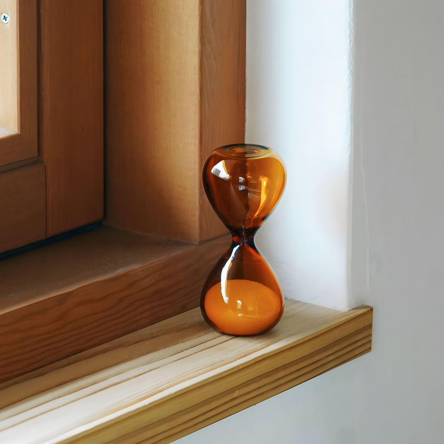 Hightide small hourglass timer with amber glass and coloured sand, shown beside a window, crafted in glass for a 3-minute countdown. A minimalist decorative timekeeper for desks, kitchens, and study spaces; perfect for short tasks, mindfulness breaks, or brewing tea.