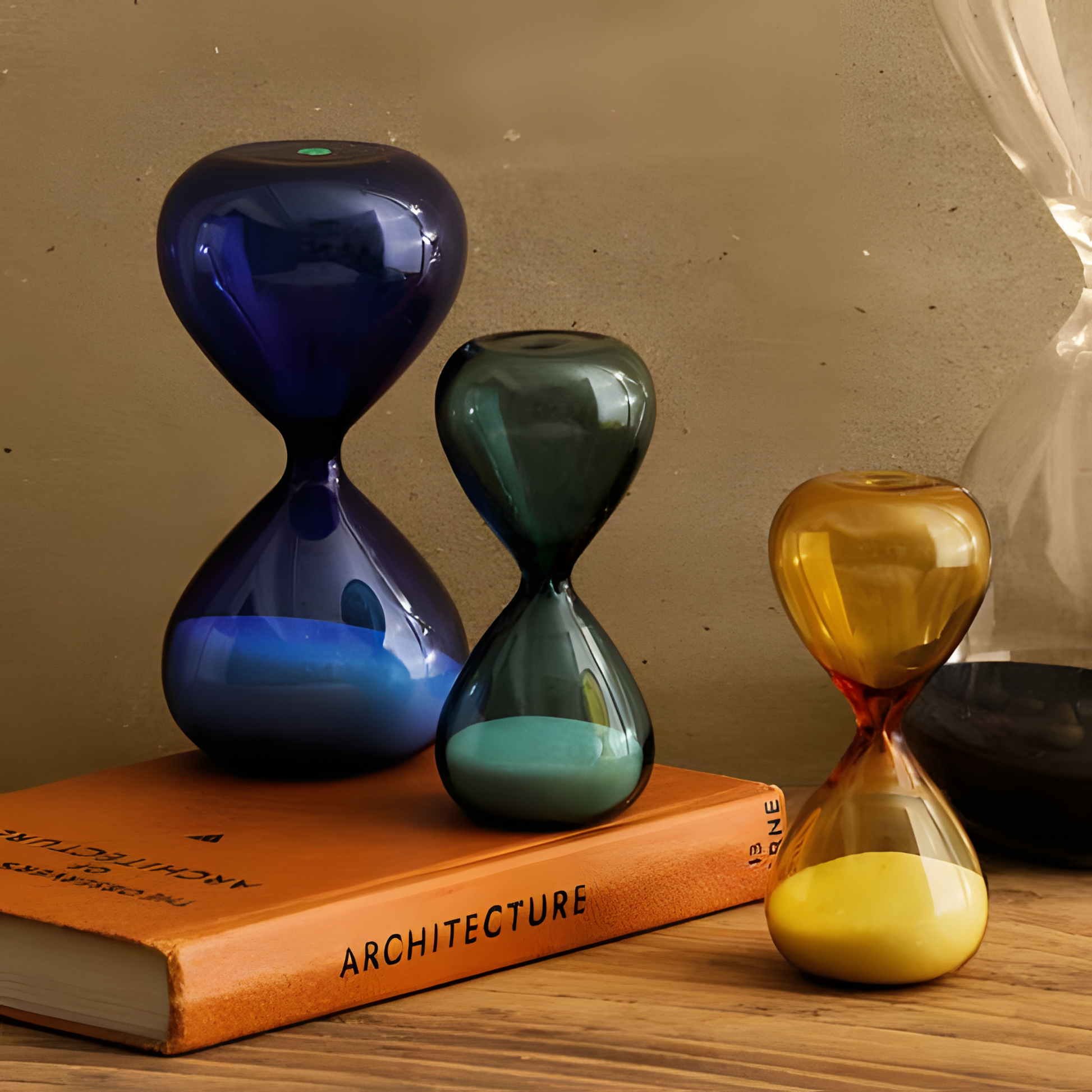 A medium size and one small with different color hourglasses with Hightide small hourglass timer with amber glass and coloured sand, crafted in glass for a 3-minute countdown. A minimalist decorative timekeeper for desks, kitchens, and study spaces; perfect for short tasks, mindfulness breaks, or brewing tea.