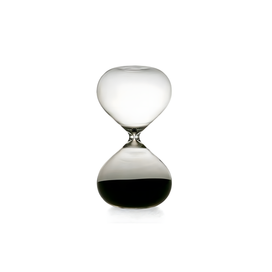 Hightide extra-large hourglass with clear glass and coloured sand, designed as a 30-minute sand timer for longer focus sessions, home décor, or kitchen use. A striking, handmade glass hourglass that enhances any workspace or room.
