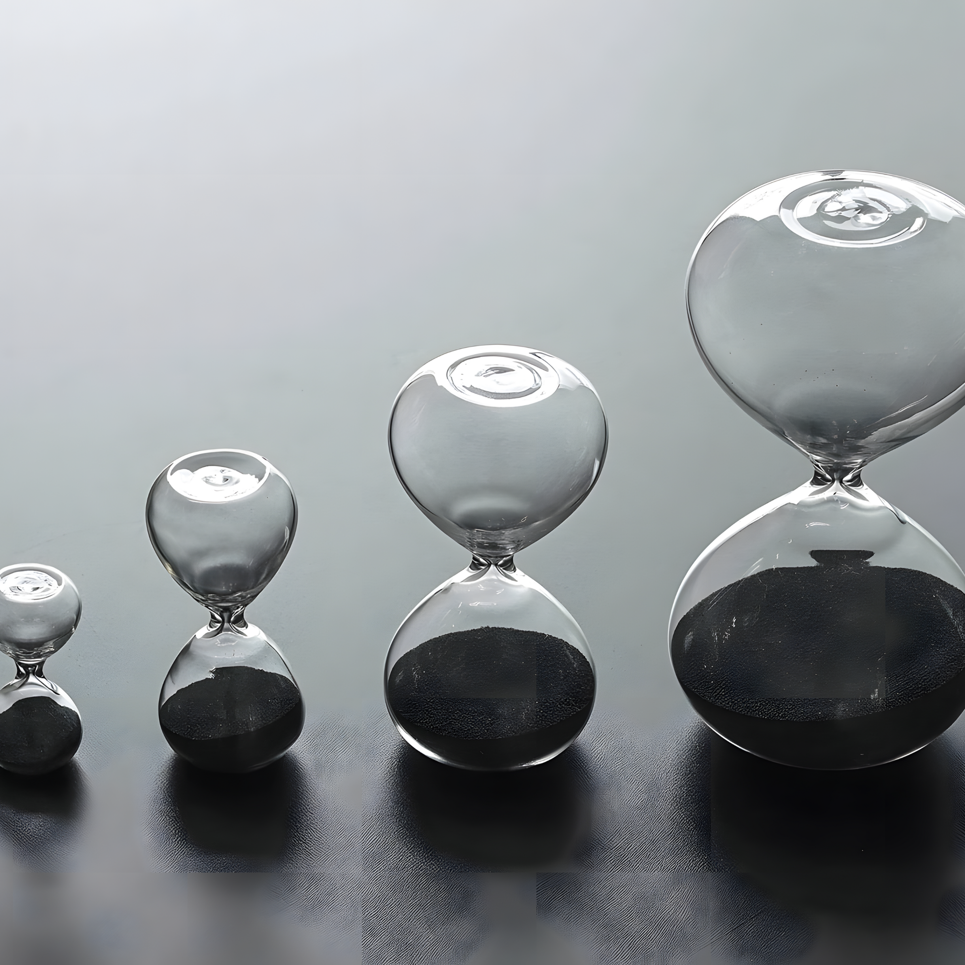 Image showing different sizes of the hourglass from small, medium, large and extra large, Hightide extra-large hourglass with clear glass and coloured sand, designed as a 30-minute sand timer for longer focus sessions, home décor, or kitchen use. A striking, handmade glass hourglass that enhances any workspace or room.