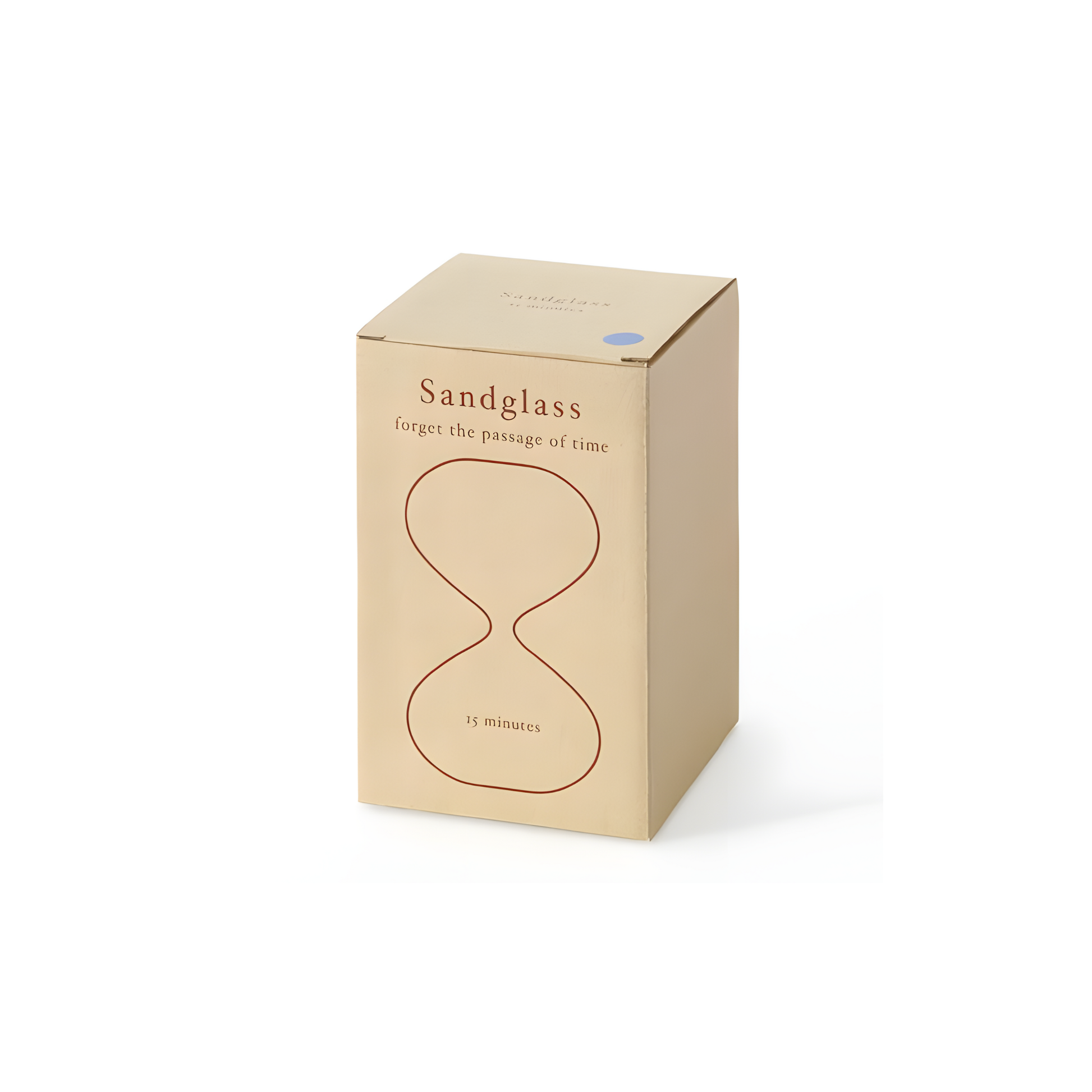 Box container of Hightide large hourglass featuring clear glass and coloured sand, offering a 15-minute timer for work sessions, relaxing breaks, or decorative home styling. A modern glass hourglass perfect for shelves, offices, and creative spaces.