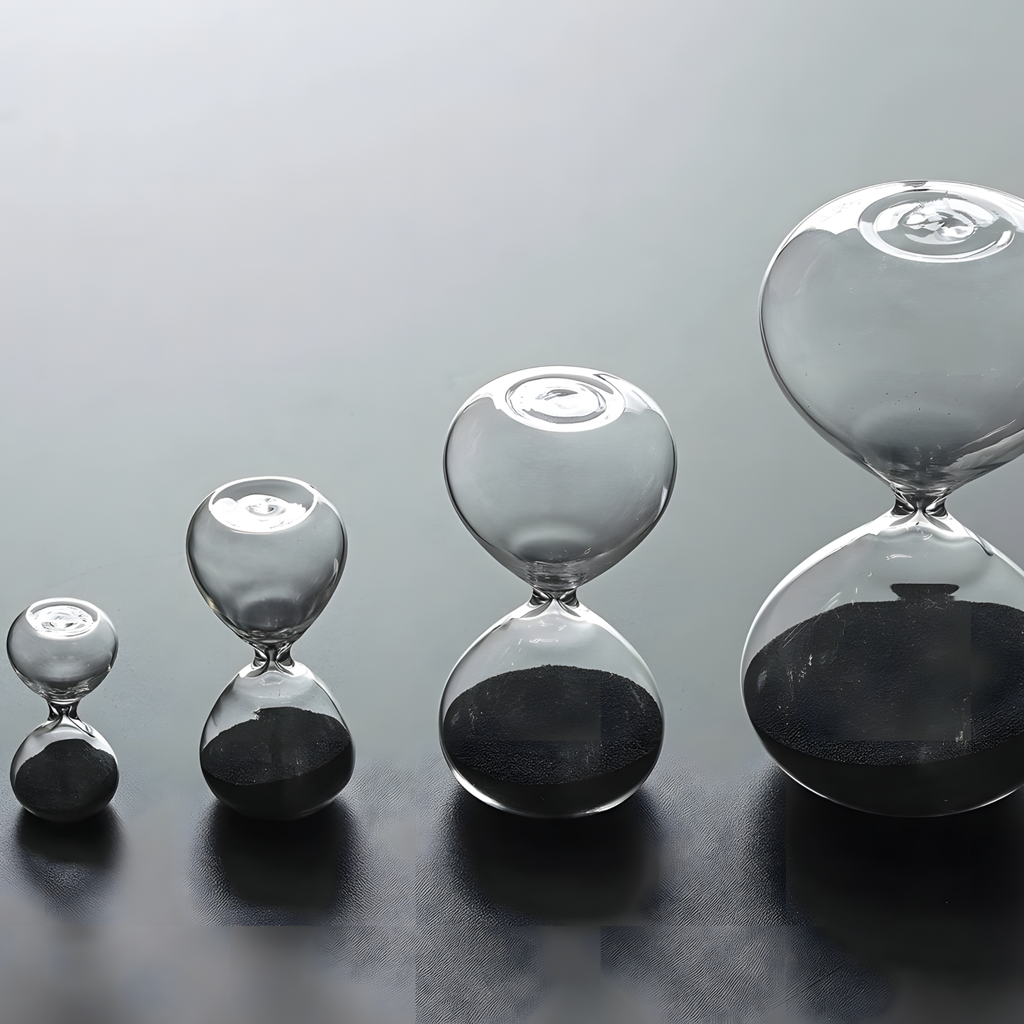Showing different sizes of clear hourglass from small, medium, large to extra large. Hightide large hourglass featuring clear glass and coloured sand, offering a 15-minute timer for work sessions, relaxing breaks, or decorative home styling. A modern glass hourglass perfect for shelves, offices, and creative spaces.