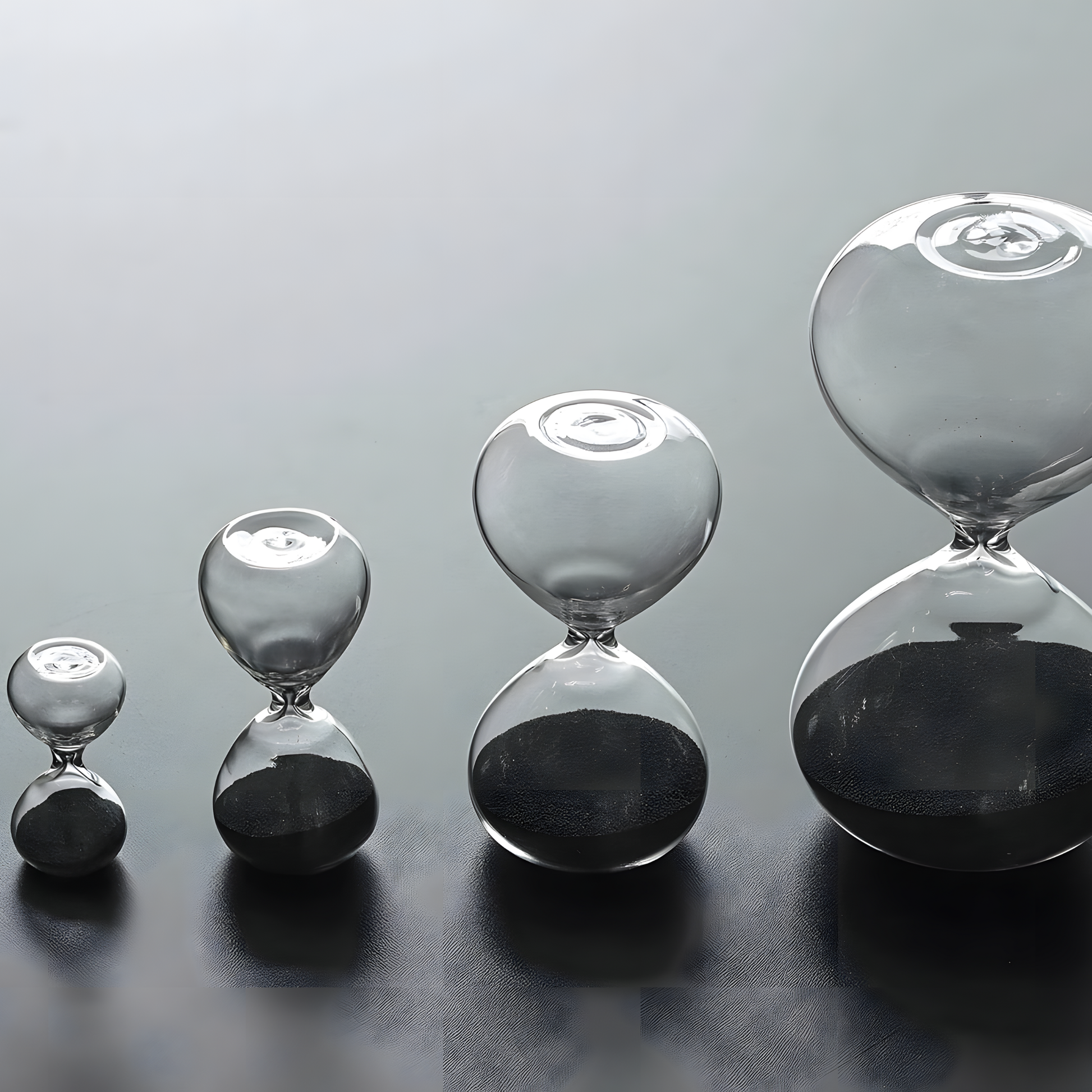 Showing different sizes of clear hourglass from small, medium, large to extra large. Hightide large hourglass featuring clear glass and coloured sand, offering a 15-minute timer for work sessions, relaxing breaks, or decorative home styling. A modern glass hourglass perfect for shelves, offices, and creative spaces.