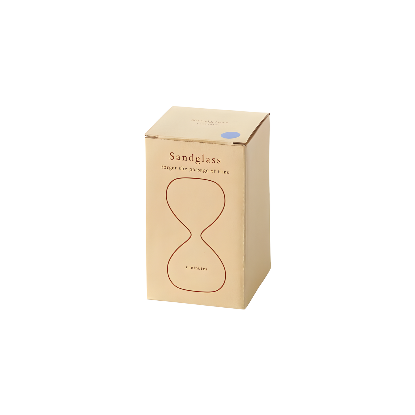 Showing the box container of Hightide medium hourglass with clear glass and coloured sand, a 5-minute handmade sand timer ideal for productivity, cooking, meditation, or desk décor. Stylish Japanese-designed hourglass for everyday timing needs.