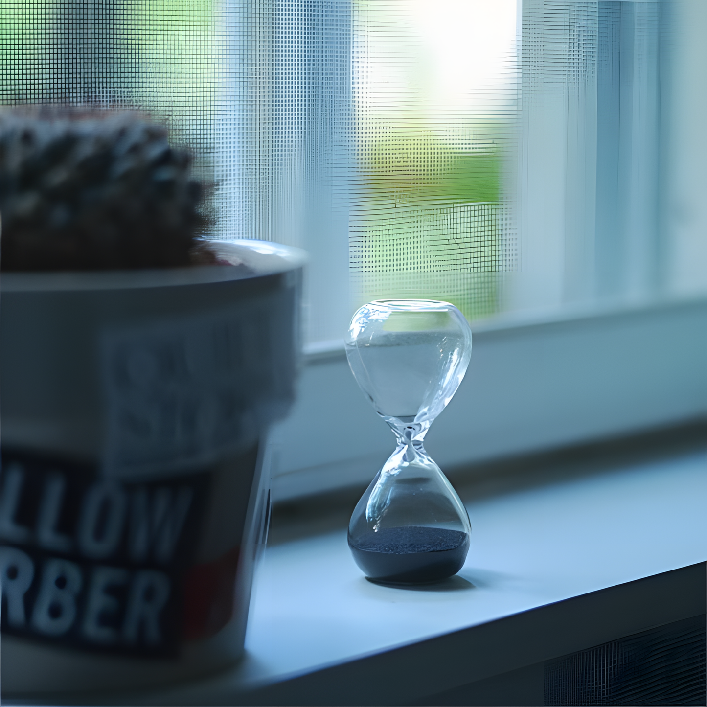 Shown beside the window and a plant nearby, Hightide small hourglass timer with clear glass and coloured sand, crafted in glass for a 3-minute countdown. A minimalist decorative timekeeper for desks, kitchens, and study spaces; perfect for short tasks, mindfulness breaks, or brewing tea.