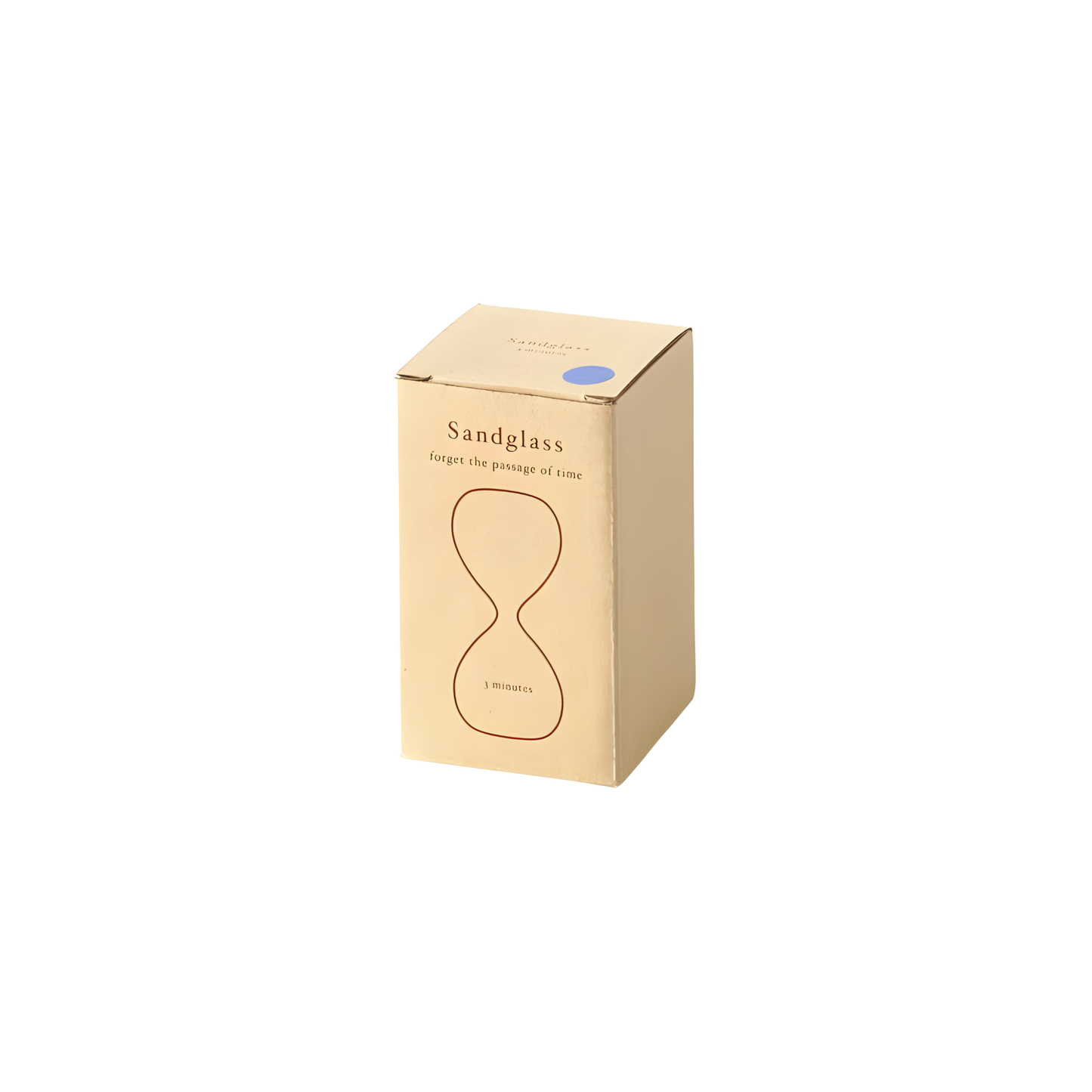Showing the box of Hightide small hourglass timer with clear glass and coloured sand, crafted in glass for a 3-minute countdown. A minimalist decorative timekeeper for desks, kitchens, and study spaces; perfect for short tasks, mindfulness breaks, or brewing tea.