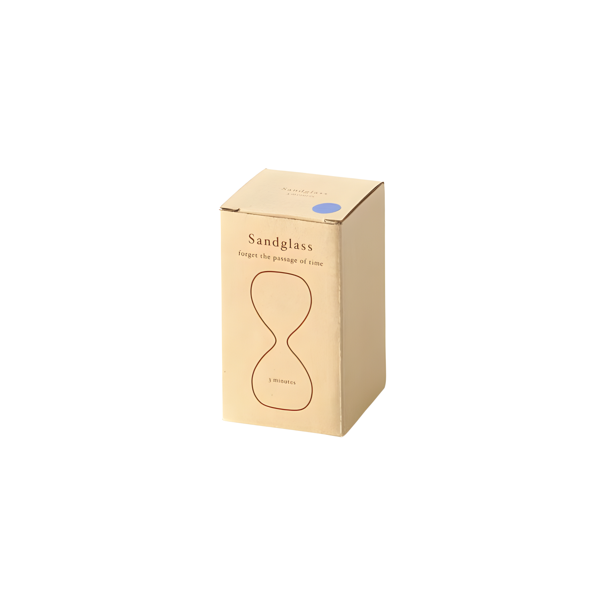 Showing the box of Hightide small hourglass timer with clear glass and coloured sand, crafted in glass for a 3-minute countdown. A minimalist decorative timekeeper for desks, kitchens, and study spaces; perfect for short tasks, mindfulness breaks, or brewing tea.