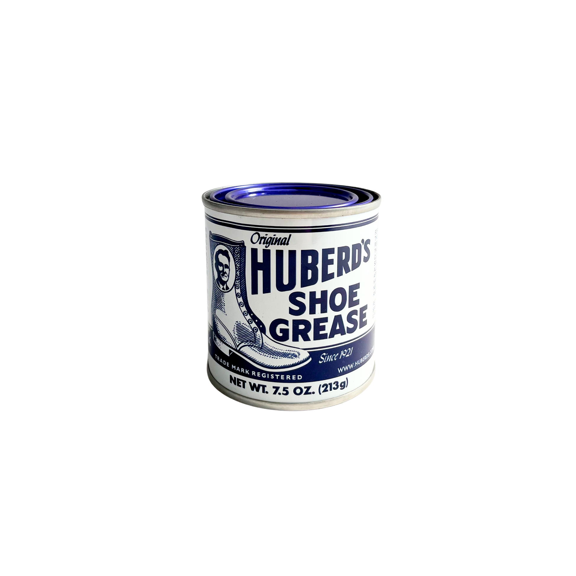 Huberds shoe greese front of can with label showing front on view