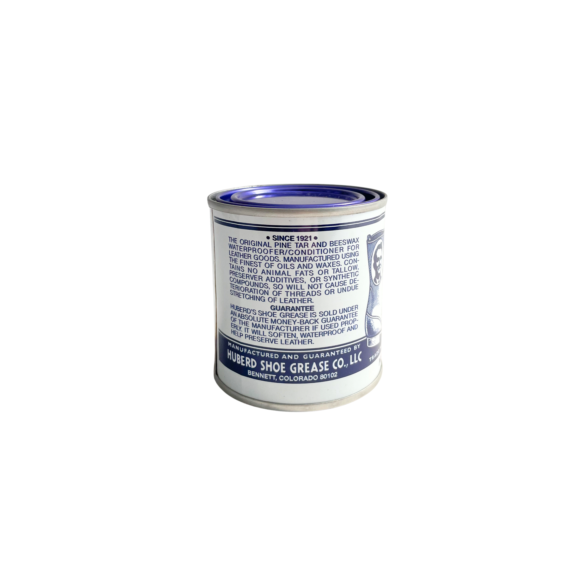 Huberds shoe greese front of can with label showing angled view
