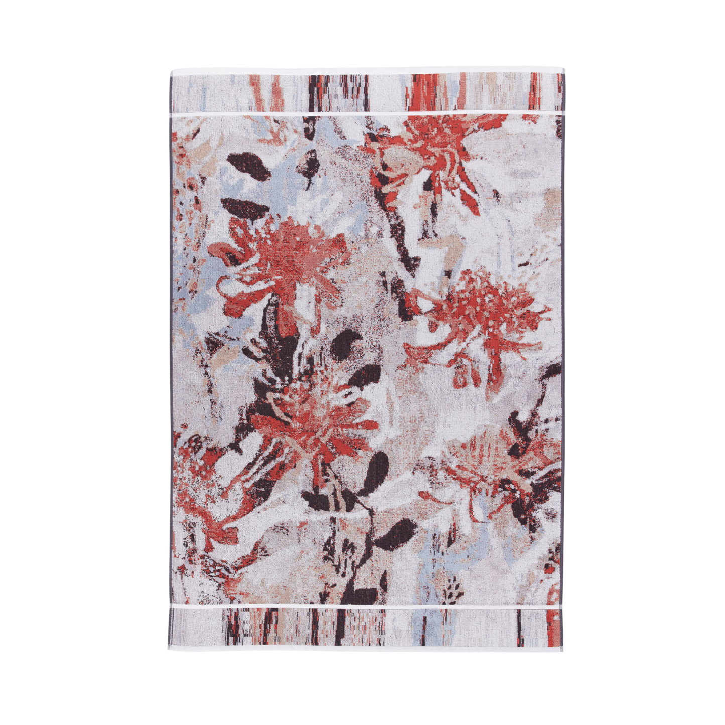 Front view of the Innate Ilford bath sheet 100 x 150 cm, luxury oversized absorbent terry cotton bath sheet in multi-coloured Waratah jacquard design, thick and dense with intricate organic patterns, made from 100% OEKO-TEX certified cotton and responsibly woven in Portugal.