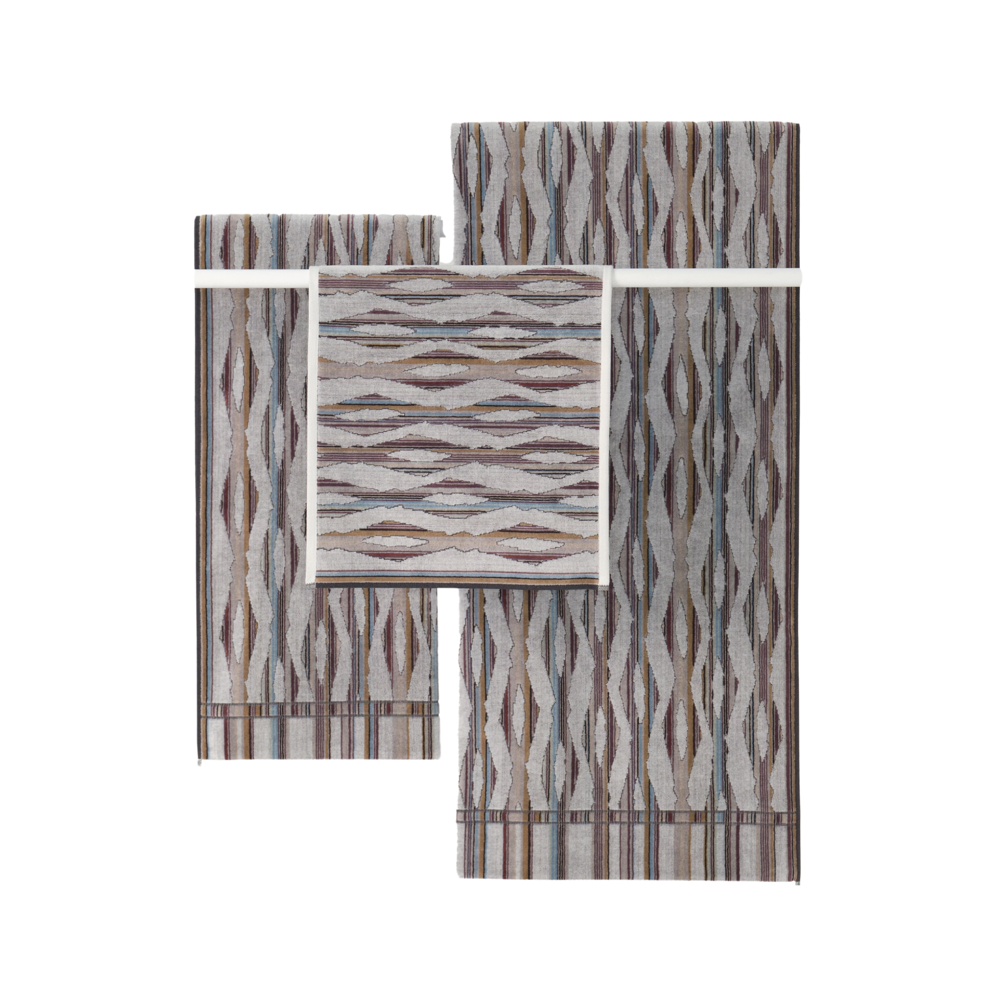 Showing the Ripple light collection with the Innate Ripple Light Bath Sheet 100cm x 160cm - Misty Grey and White - 100% OEKO-TEX® Certified Cotton - Absorbent velour and terry bath sheet with ripple breeze pattern, responsibly woven in Portugal for everyday use.