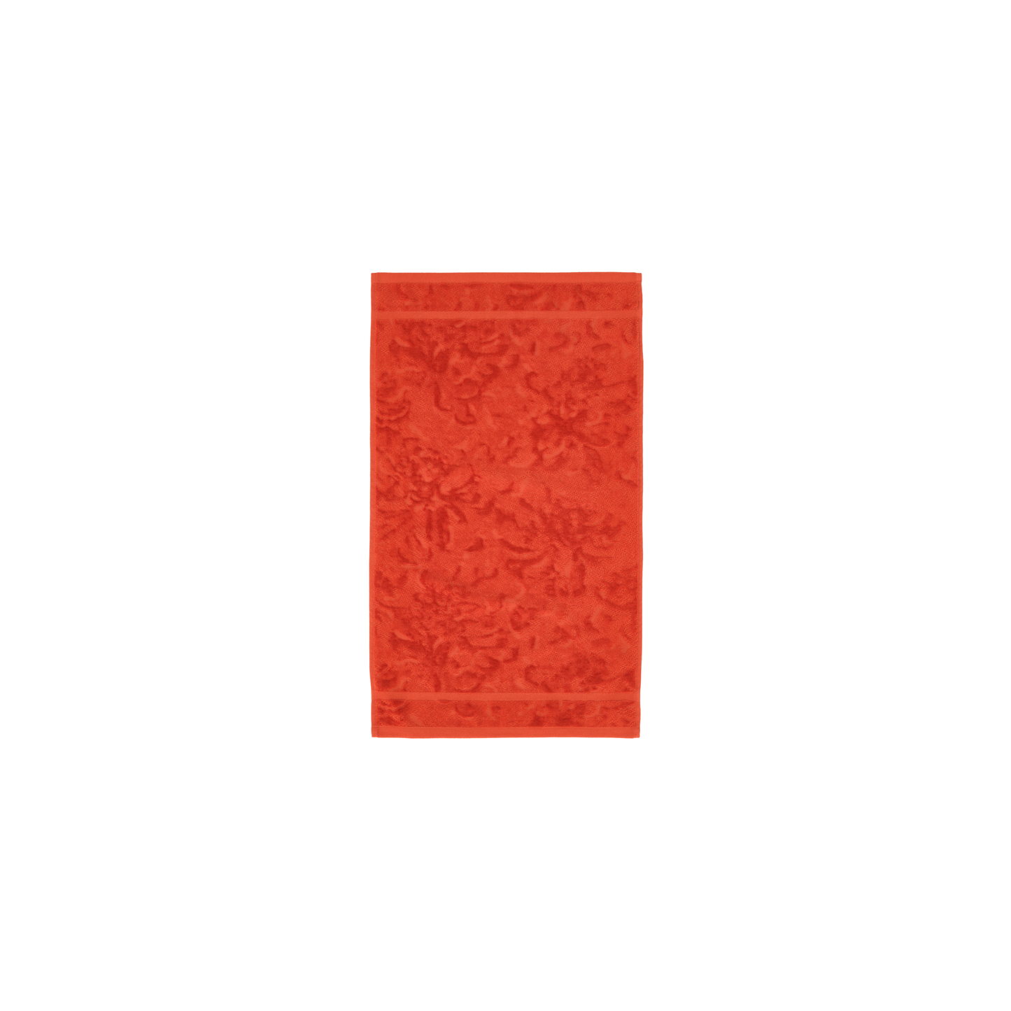 Front view of Innate Shadows Coral hand towel 40 x 70 cm, luxury absorbent terry cotton hand towel in coral tones with tone-on-tone Waratah pattern, velour finish on one side and absorbent terry on the other, made from 100% OEKO-TEX certified cotton and responsibly woven in Portugal.