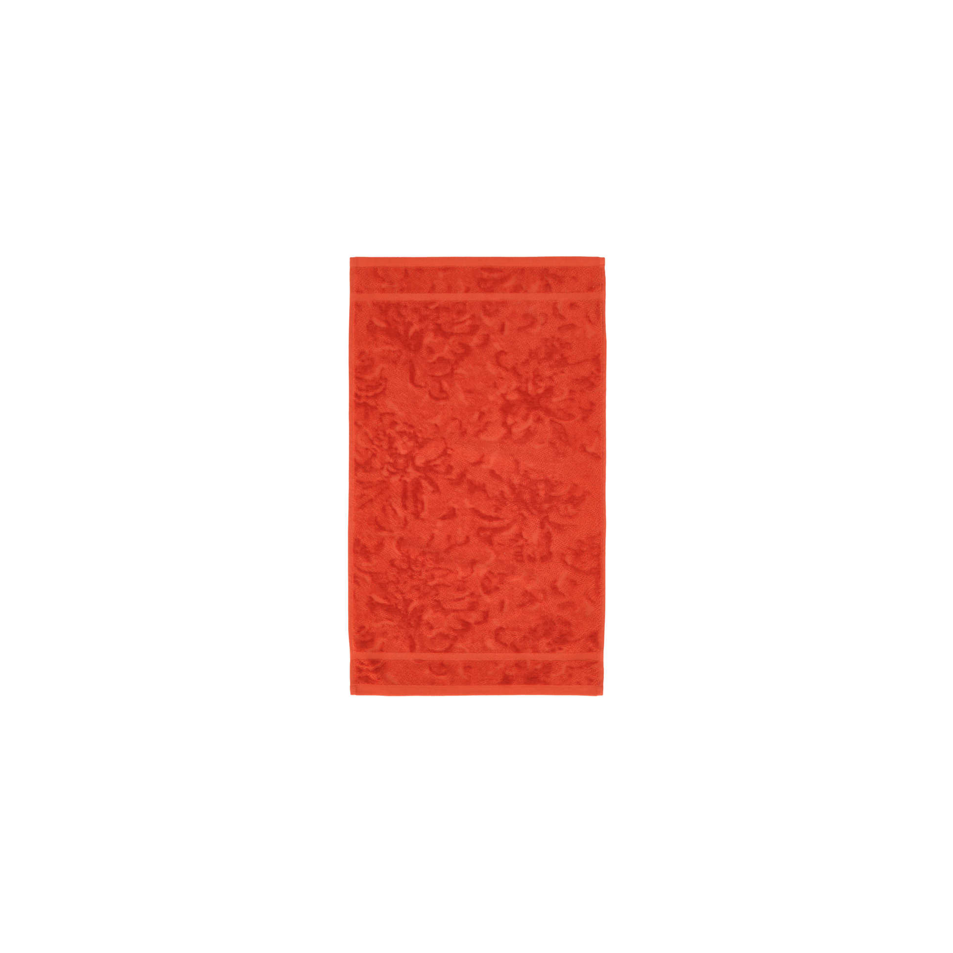 Front view of Innate Shadows Coral hand towel 40 x 70 cm, luxury absorbent terry cotton hand towel in coral tones with tone-on-tone Waratah pattern, velour finish on one side and absorbent terry on the other, made from 100% OEKO-TEX certified cotton and responsibly woven in Portugal.