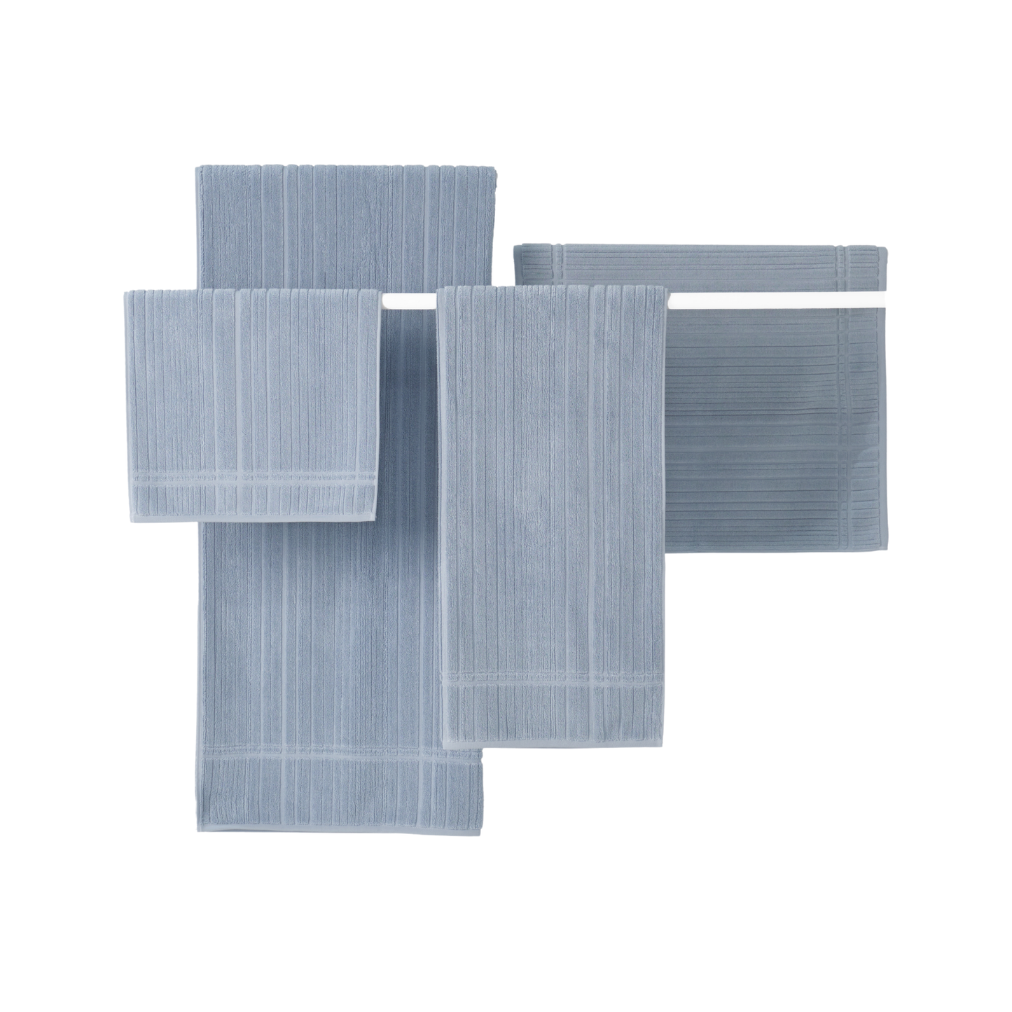 Showing the Innate Shale River collection with the Innate Shale River hand towel 40 x 70 cm, luxury absorbent terry cotton hand towel in shale grey tones with textured striped design, made from 100% OEKO-TEX certified cotton and woven in Portugal.