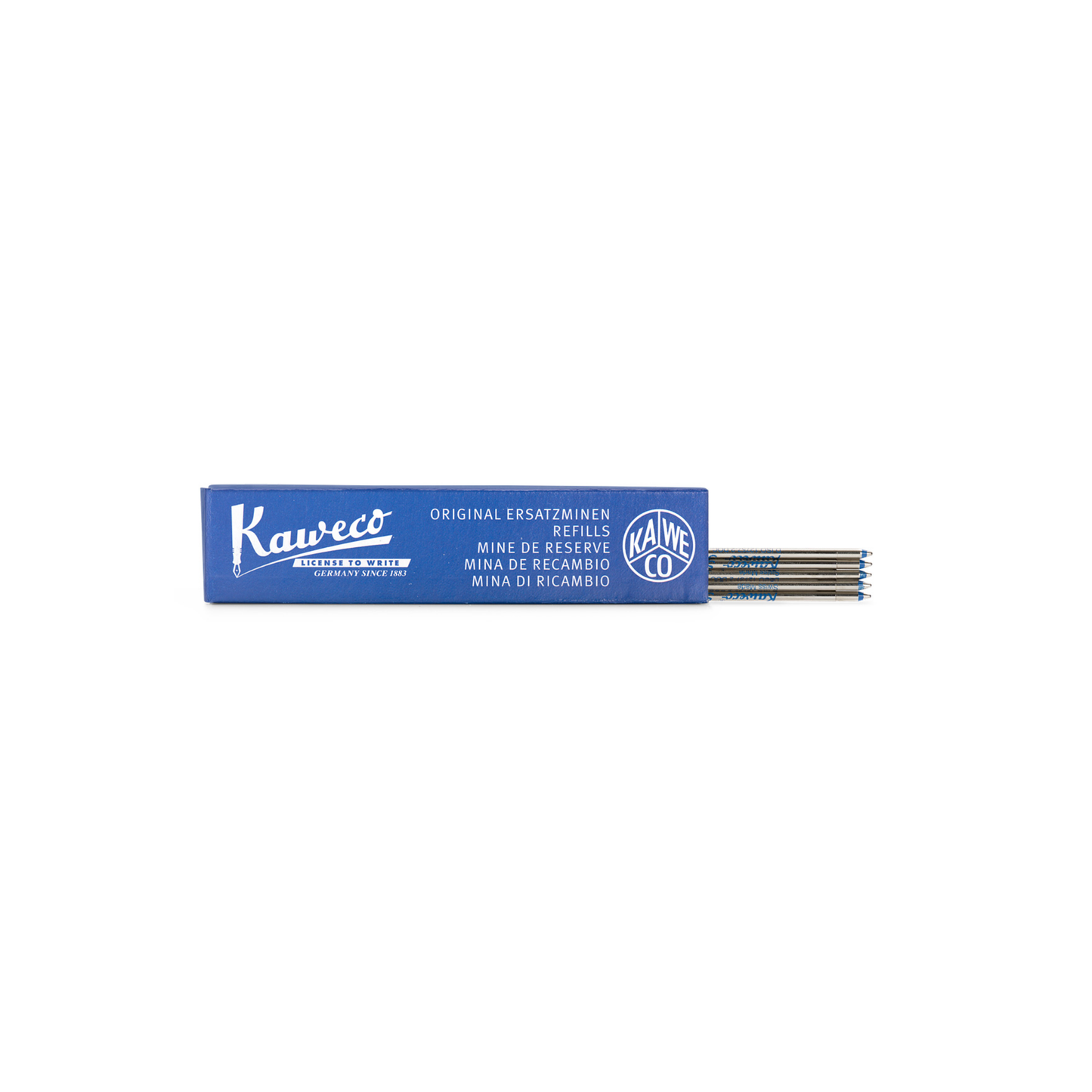 Shown with the packaging Kaweco D1 Blue Ballpoint Pen Refill 1.0mm pack of 5 blue - smooth and reliable ink cartridge with ISO 12757-2 document-proof quality, perfect for multicolor and multifunction pens.