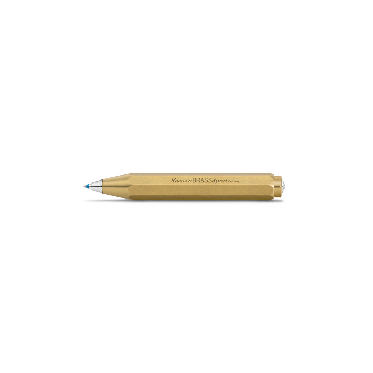 Kaweco Brass Pocket Ballpoint Pen - 10.5 cm heavy-duty brass pen with silver accents, heart-curve mechanism, and blue D1 refill; durable compact writing instrument that develops a natural patina over time for a unique, timeless look.