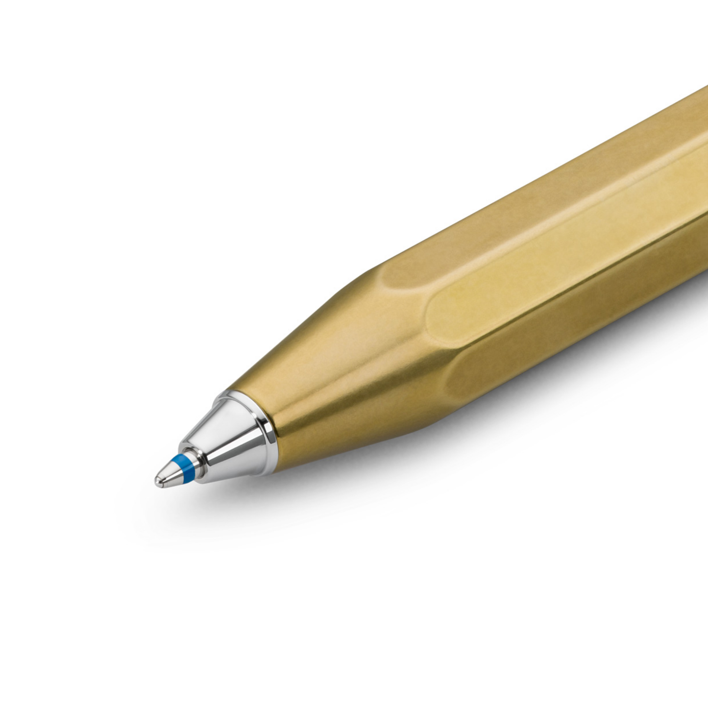 Showing the tip of the pen with the blue mark from Kaweco Brass Pocket Ballpoint Pen - 10.5 cm heavy-duty brass pen with silver accents, heart-curve mechanism, and blue D1 refill; durable compact writing instrument that develops a natural patina over time for a unique, timeless look.