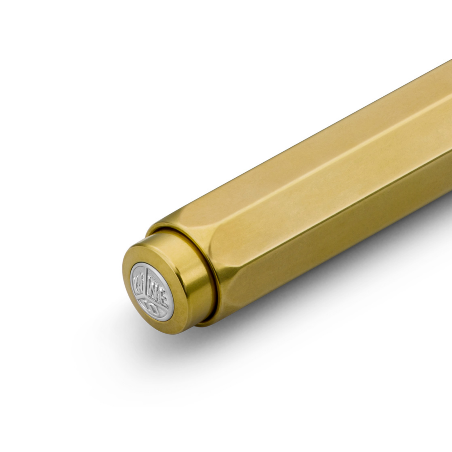 Showing the bottom part with logo of Kaweco Brass Pocket Ballpoint Pen - 10.5 cm heavy-duty brass pen with silver accents, heart-curve mechanism, and blue D1 refill; durable compact writing instrument that develops a natural patina over time for a unique, timeless look.