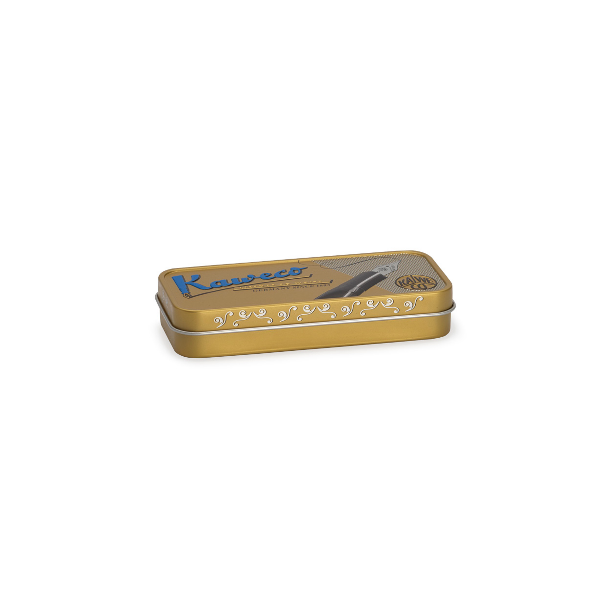 Showing the brass pen case of Kaweco Brass Pocket Ballpoint Pen - 10.5 cm heavy-duty brass pen with silver accents, heart-curve mechanism, and blue D1 refill; durable compact writing instrument that develops a natural patina over time for a unique, timeless look.