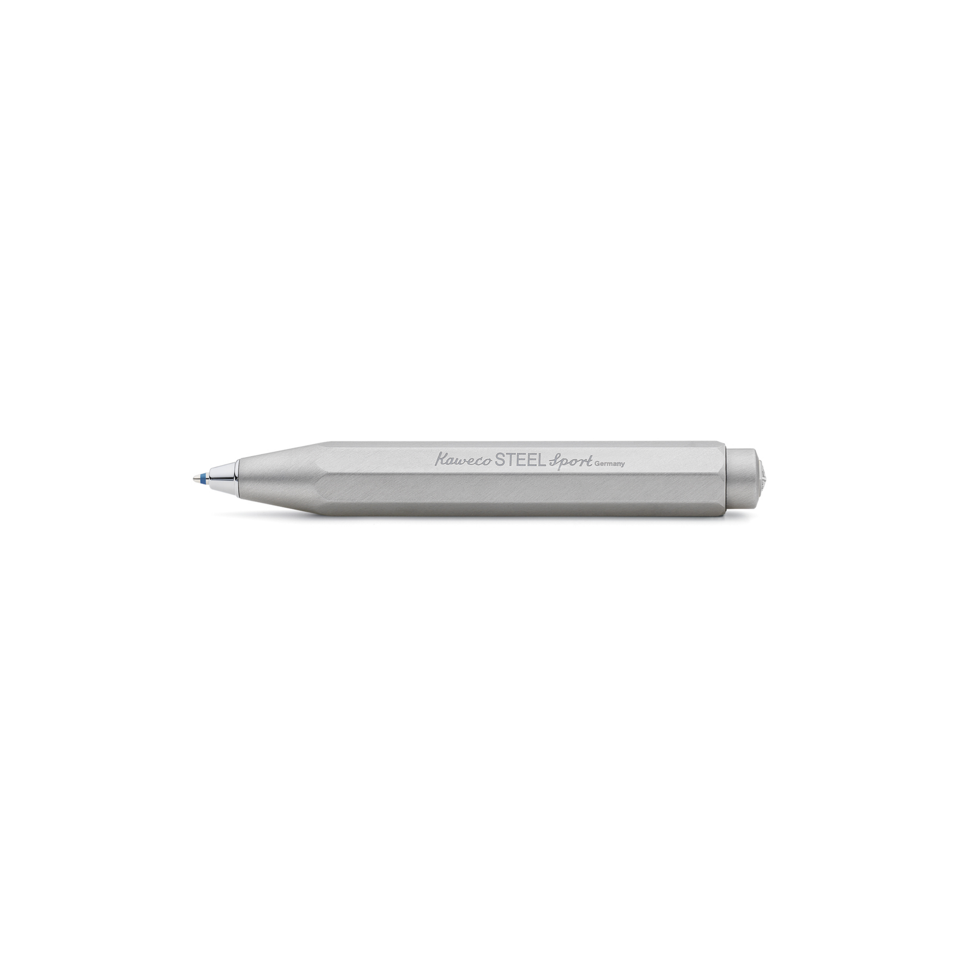 Kaweco Stainless Steel Pocket Ballpoint Pen - 10.5 cm brushed silver pen with heart-curve mechanism for smooth, silent precision writing; includes blue D1 refill and durable stainless steel body for a refined, professional look.