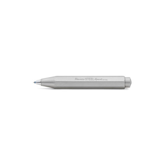 Kaweco Stainless Steel Pocket Ballpoint Pen - 10.5 cm brushed silver pen with heart-curve mechanism for smooth, silent precision writing; includes blue D1 refill and durable stainless steel body for a refined, professional look.