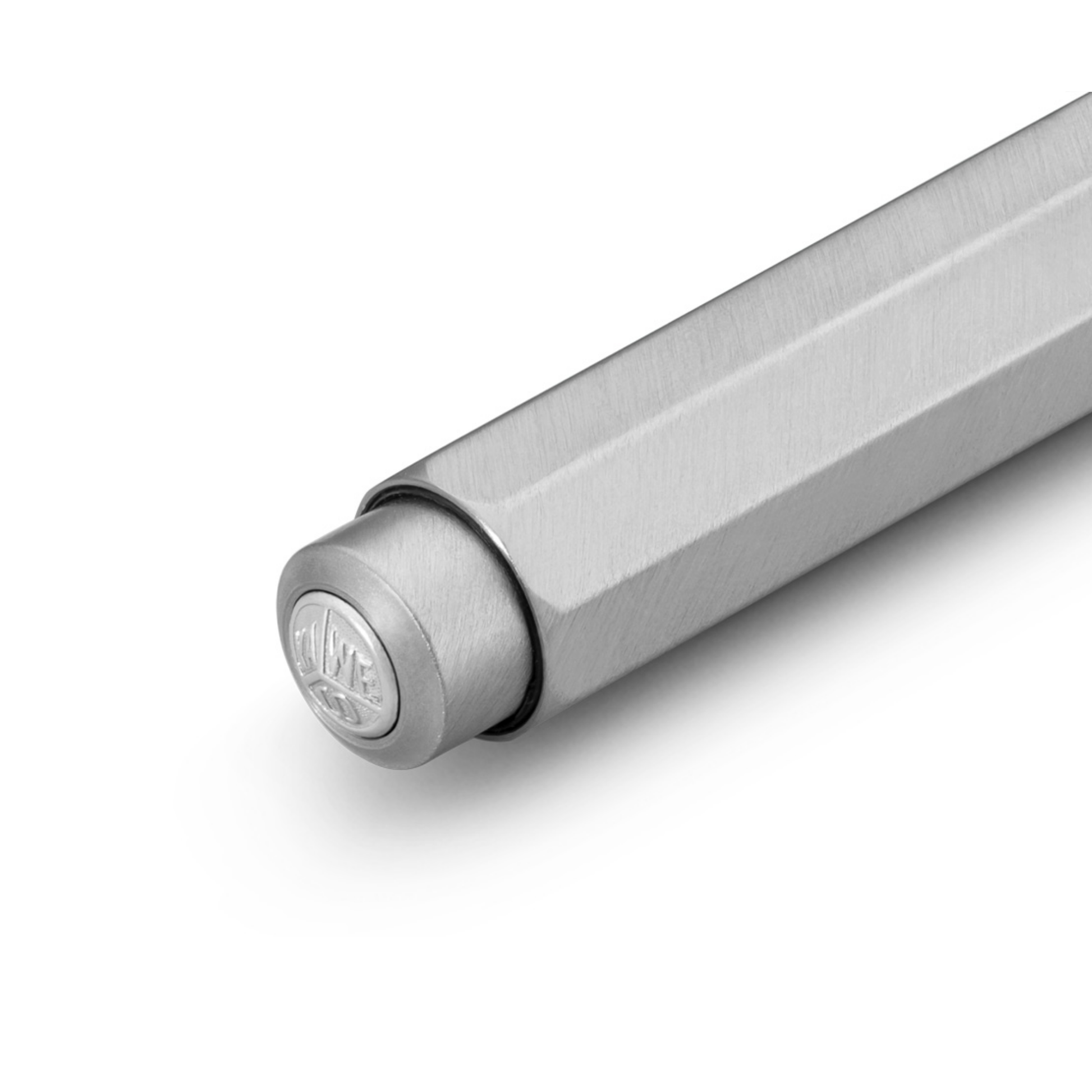 Bottom part with logo of kaweco from Kaweco Stainless Steel Pocket Ballpoint Pen - 10.5 cm brushed silver pen with heart-curve mechanism for smooth, silent precision writing; includes blue D1 refill and durable stainless steel body for a refined, professional look.
