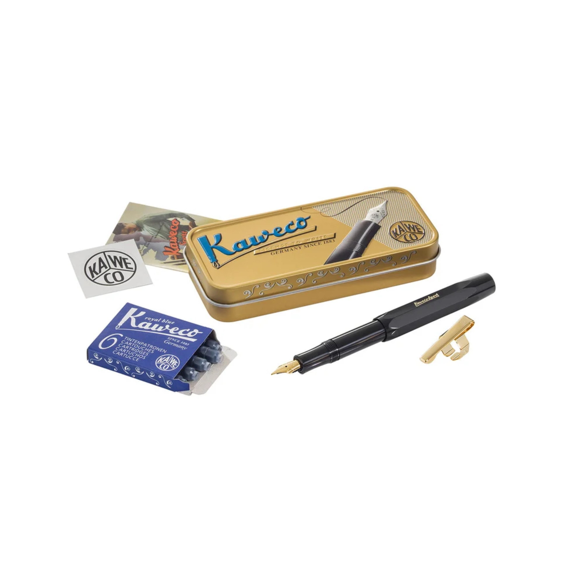 Kaweco beginner friendly Fountain Pen Set Classic with vintage meets contemporary look, very compact, and includes stylish pen clip, and 6 ink cartridges.