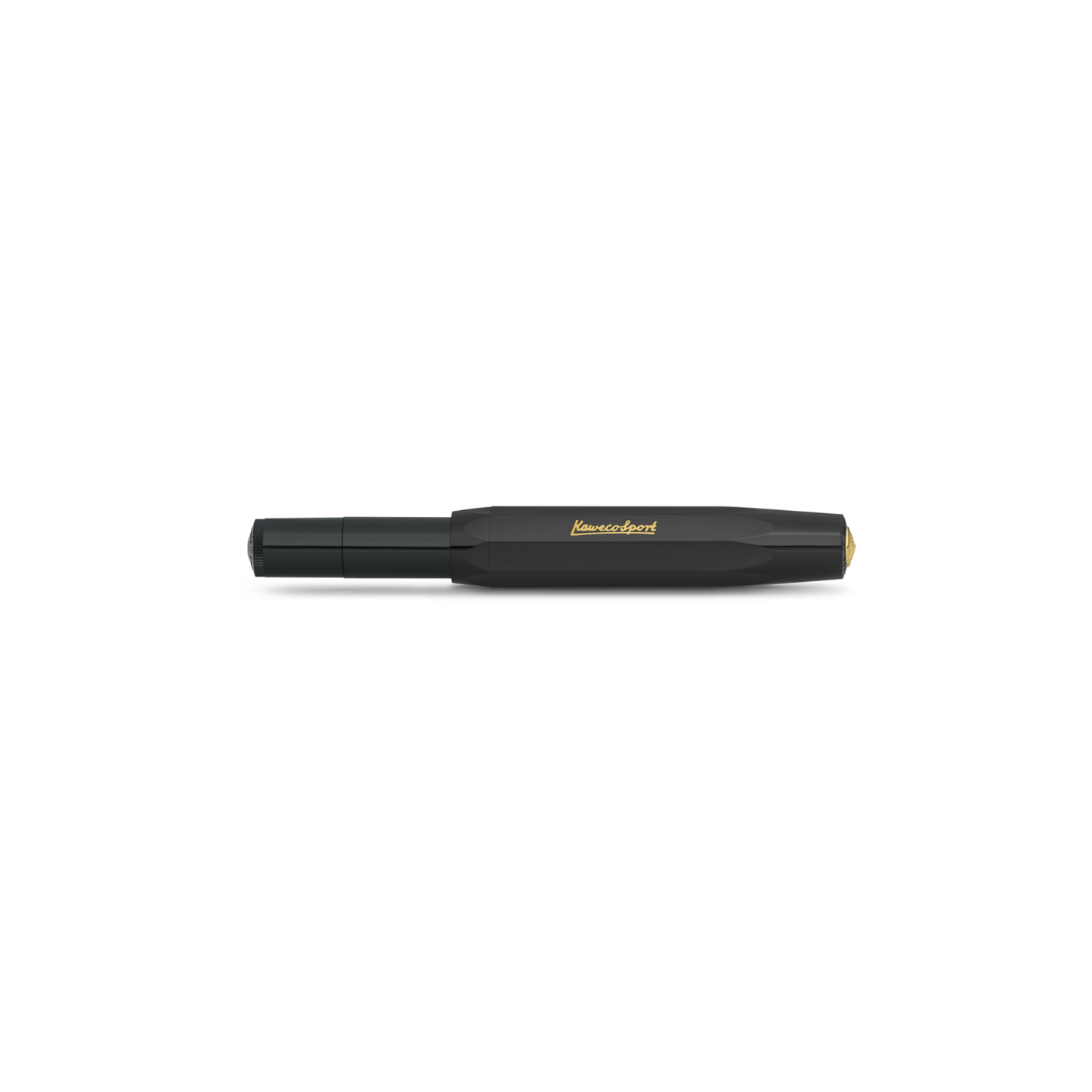 Close Kaweco Classic Sport Black Rollerball Pen - 10.5 cm high-quality plastic pen with ceramic ball tip, smooth black G2 refill, compact vintage design for effortless everyday writing.