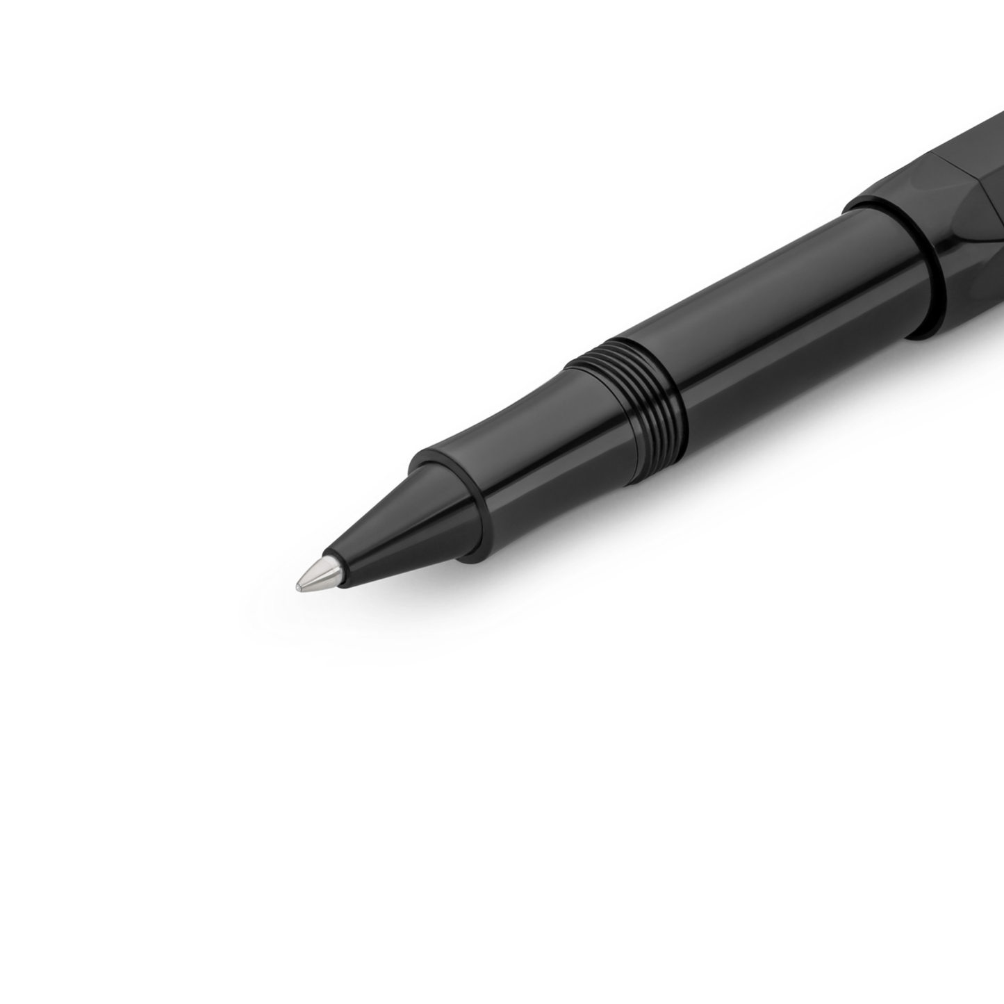 Close up view of the pen point of the Kaweco Classic Sport Black Rollerball Pen - 10.5 cm high-quality plastic pen with ceramic ball tip, smooth black G2 refill, compact vintage design for effortless everyday writing.