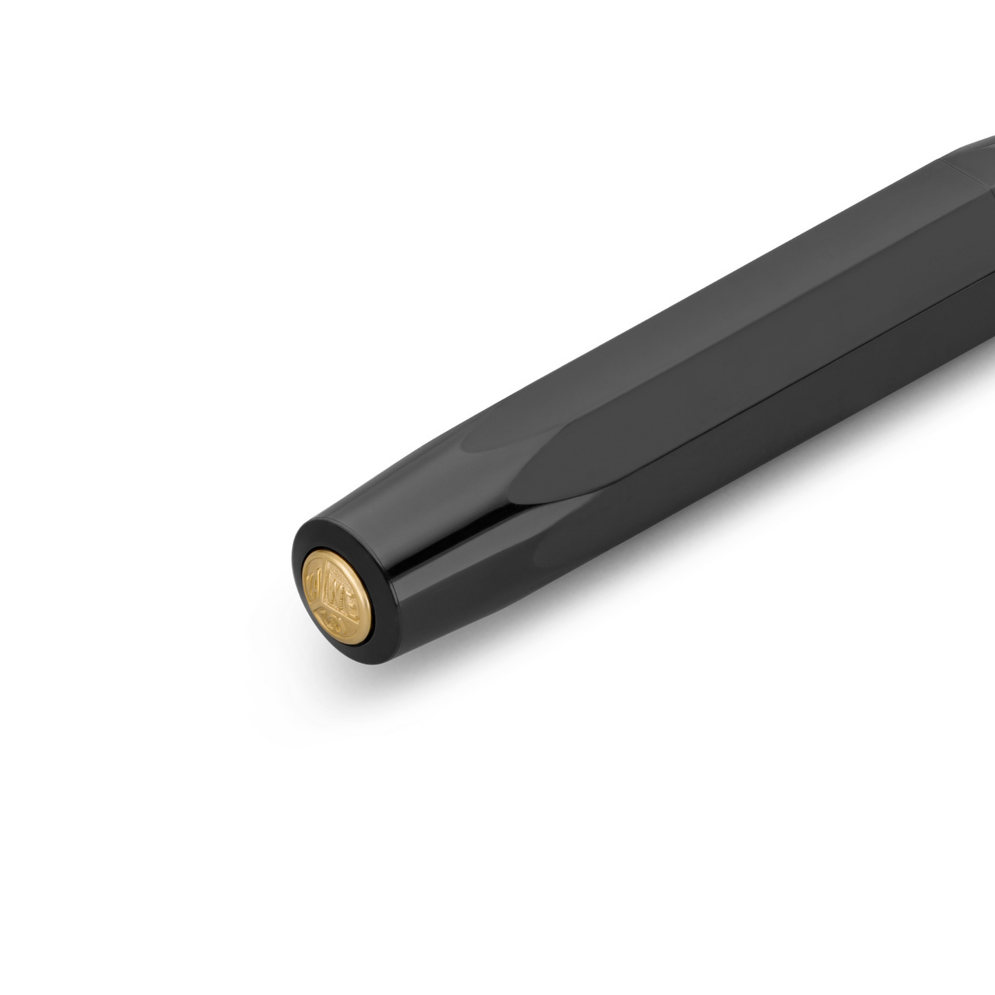 Close up view of the bottom part with the logo of Kaweco Classic Sport Black Rollerball Pen - 10.5 cm high-quality plastic pen with ceramic ball tip, smooth black G2 refill, compact vintage design for effortless everyday writing.