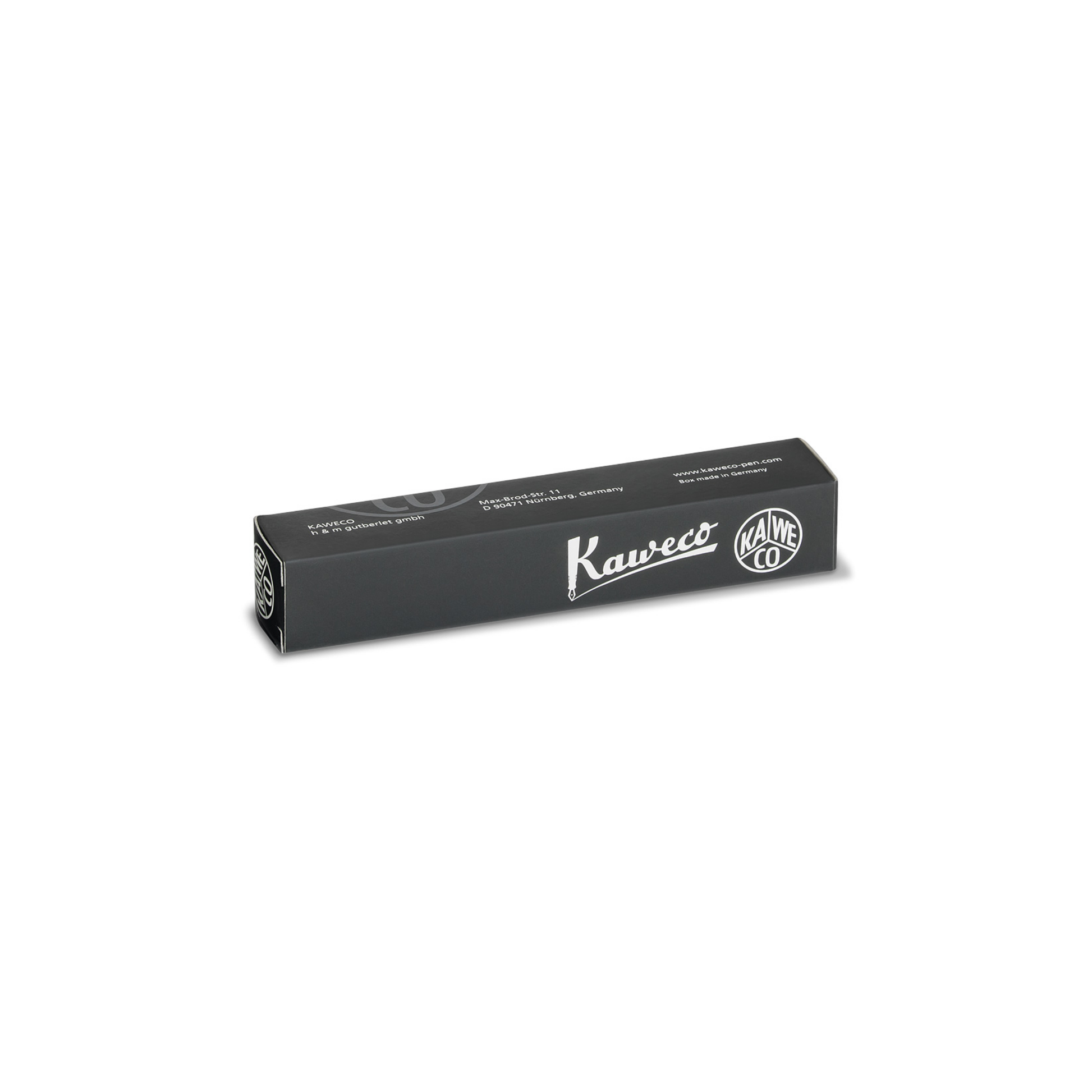 Black product box of Kaweco Classic Sport Black Rollerball Pen - 10.5 cm high-quality plastic pen with ceramic ball tip, smooth black G2 refill, compact vintage design for effortless everyday writing.