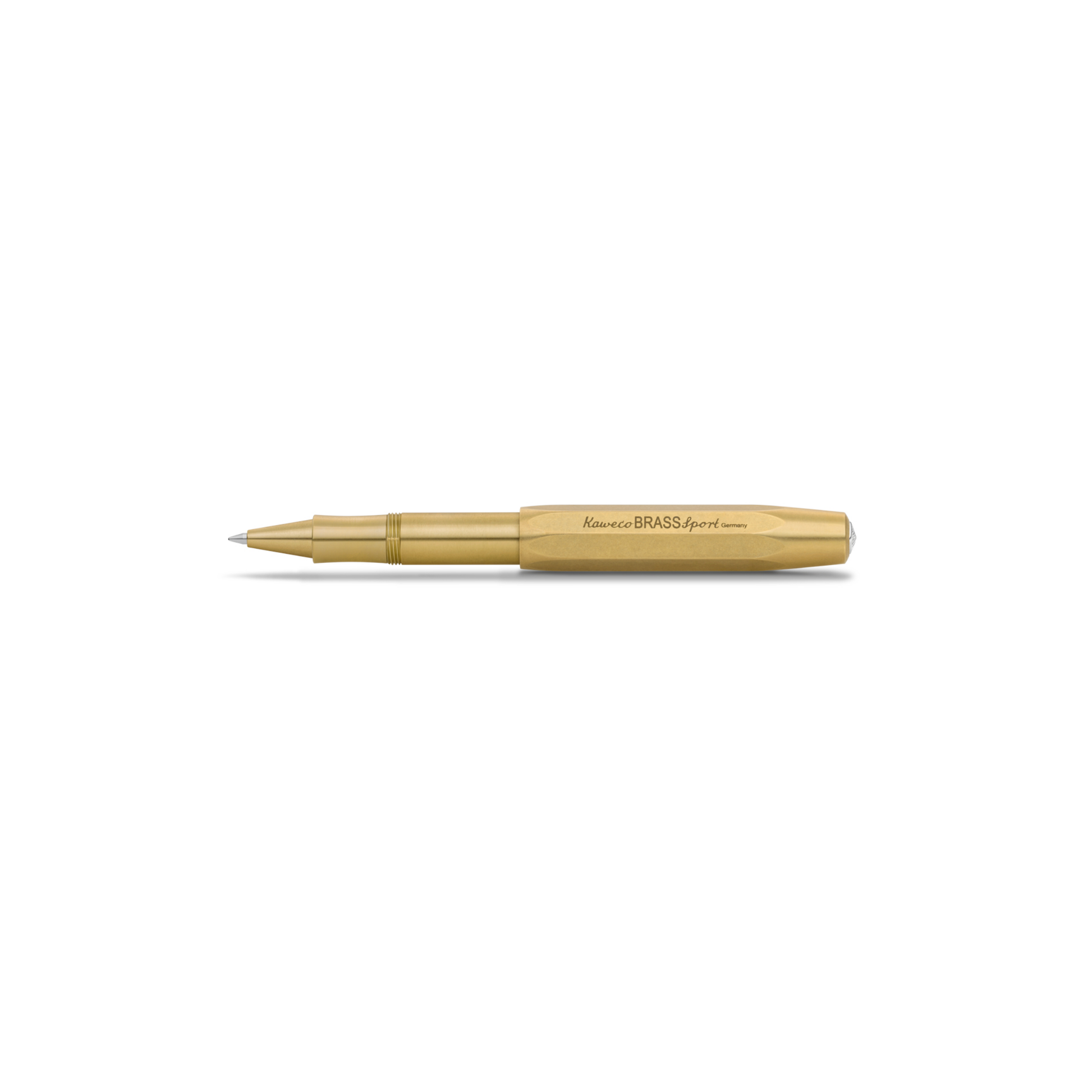 Kaweco Brass Sport Rollerball Pen - compact 10.5 cm brown brass pen with 0.7 mm black G2 refill, silver logo cap, and smooth ceramic roller for effortless writing; ages beautifully with a natural patina.