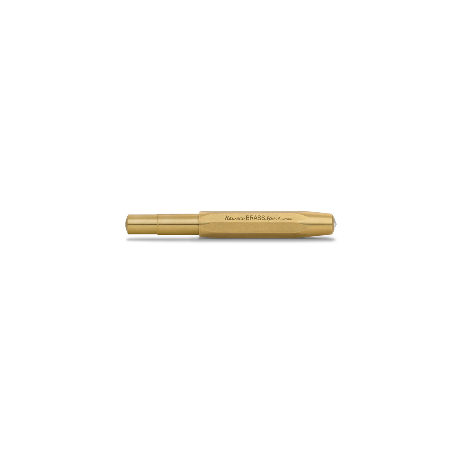 Unrolled tip of Kaweco Brass Sport Rollerball Pen - compact 10.5 cm brown brass pen with 0.7 mm black G2 refill, silver logo cap, and smooth ceramic roller for effortless writing; ages beautifully with a natural patina.