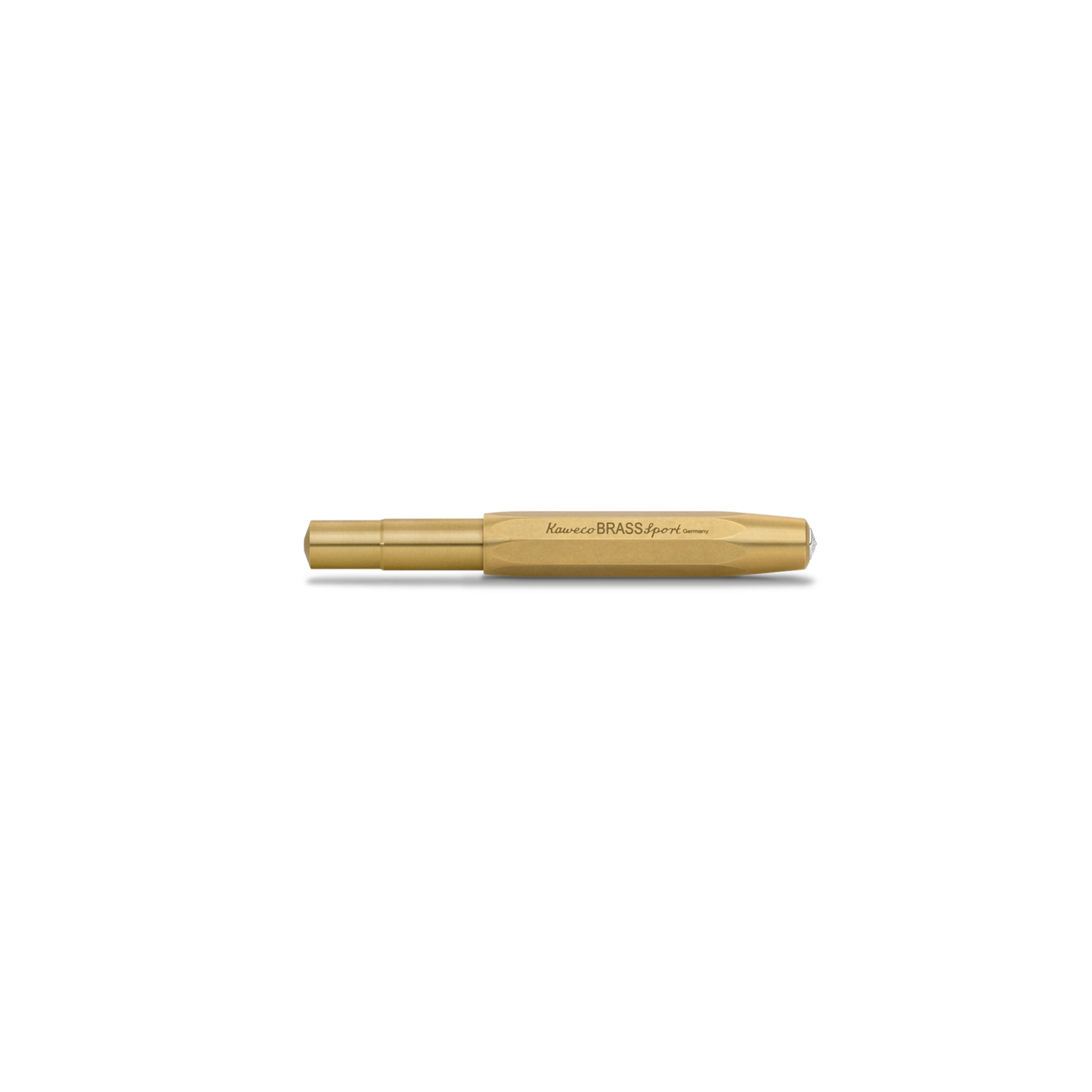 Unrolled tip of Kaweco Brass Sport Rollerball Pen - compact 10.5 cm brown brass pen with 0.7 mm black G2 refill, silver logo cap, and smooth ceramic roller for effortless writing; ages beautifully with a natural patina.