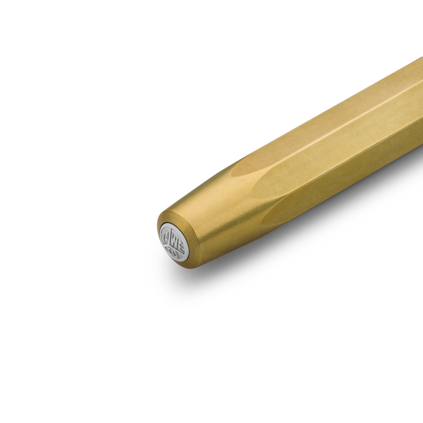 Upclose view of the bottom part with Kaweco logo of Kaweco Brass Sport Rollerball Pen - compact 10.5 cm brown brass pen with 0.7 mm black G2 refill, silver logo cap, and smooth ceramic roller for effortless writing; ages beautifully with a natural patina.