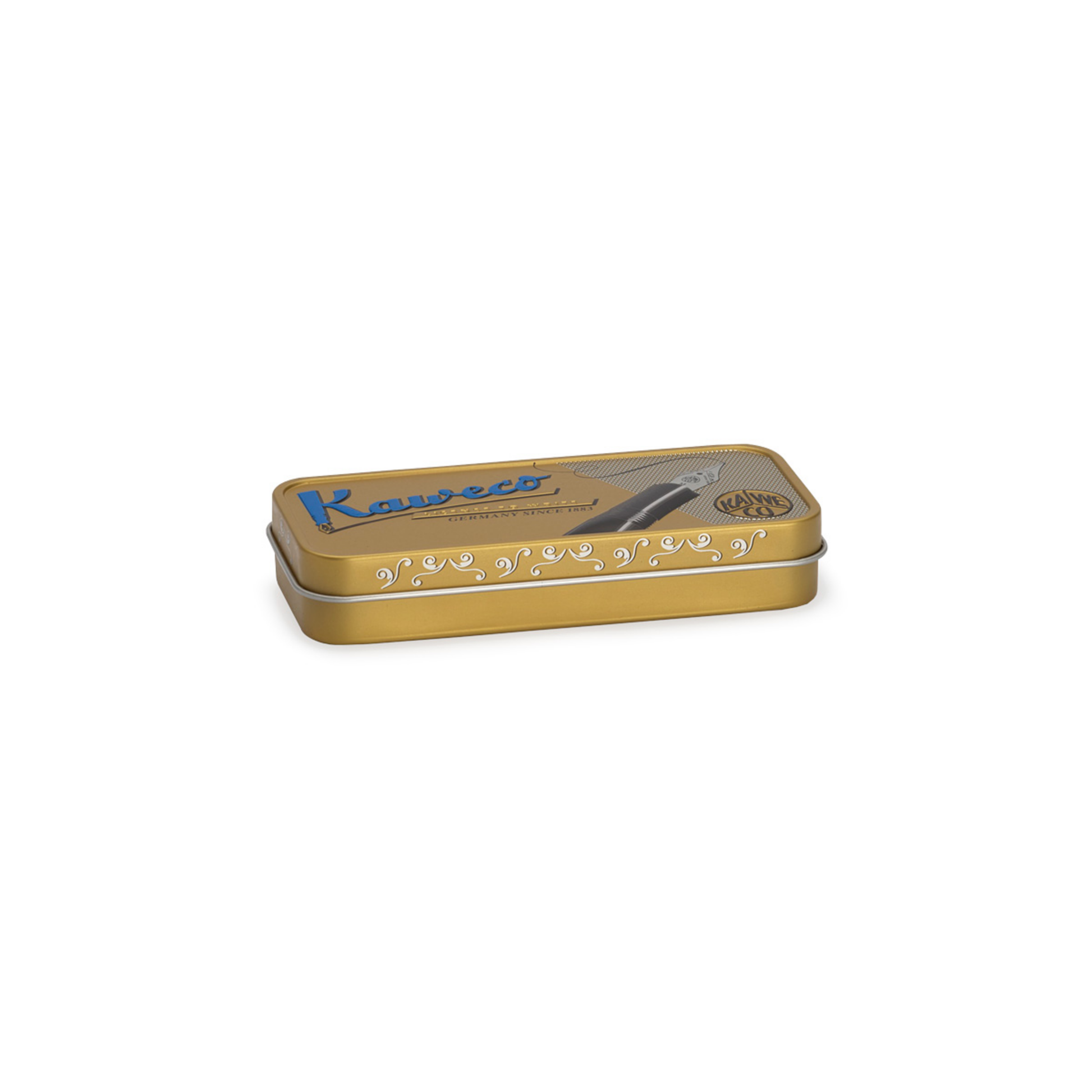 Brass pen case of the Kaweco Brass Sport Rollerball Pen - compact 10.5 cm brown brass pen with 0.7 mm black G2 refill, silver logo cap, and smooth ceramic roller for effortless writing; ages beautifully with a natural patina.