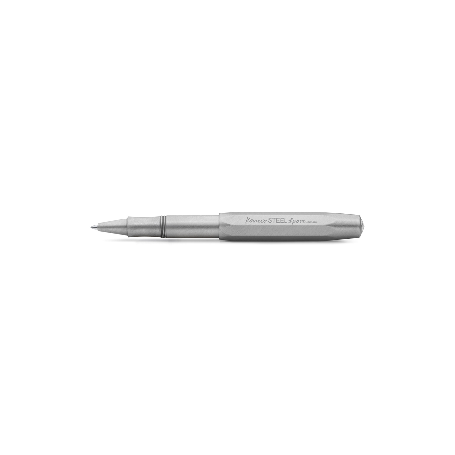 Kaweco Steel Sport Rollerball Pen - 10.5 cm silver stainless steel pen with brushed finish, black G2 rollerball refill for smooth writing, precision-balanced design with elegant silver logo cap.