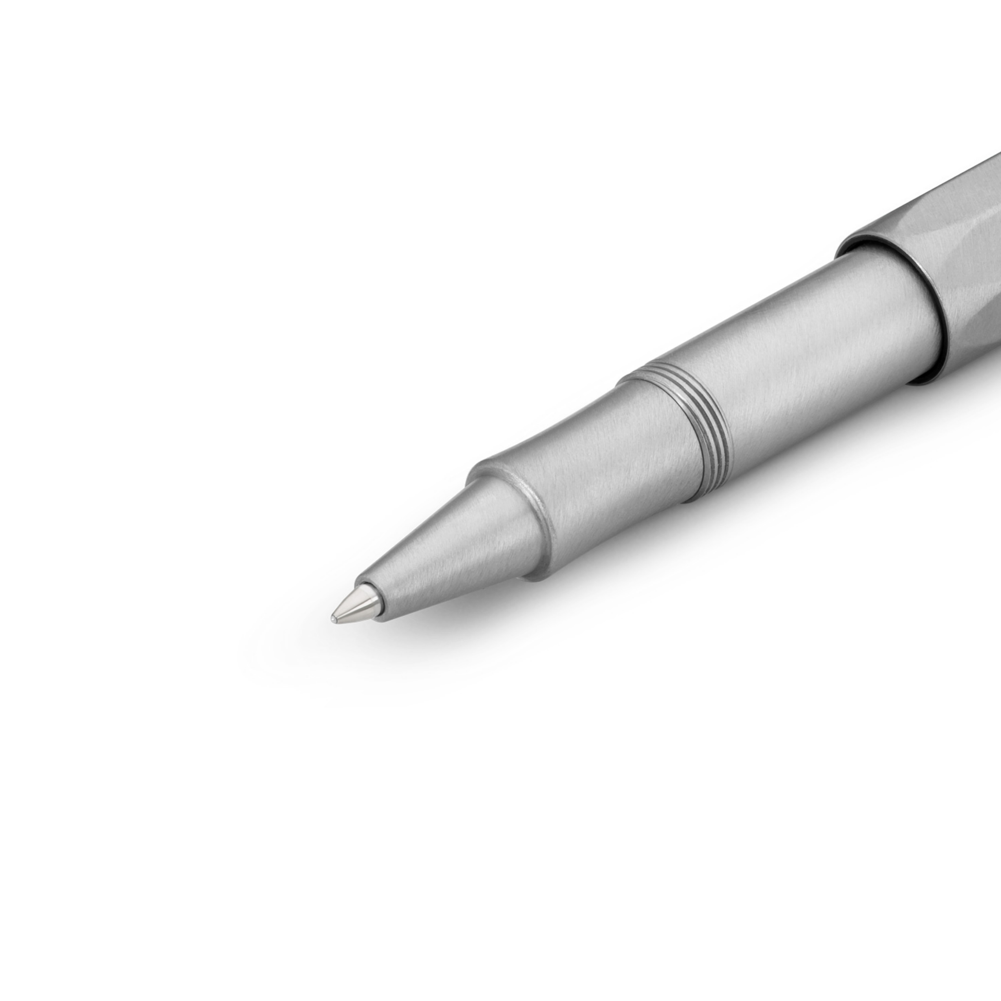 Upclose view of the pen point from Kaweco Steel Sport Rollerball Pen - 10.5 cm silver stainless steel pen with brushed finish, black G2 rollerball refill for smooth writing, precision-balanced design with elegant silver logo cap.