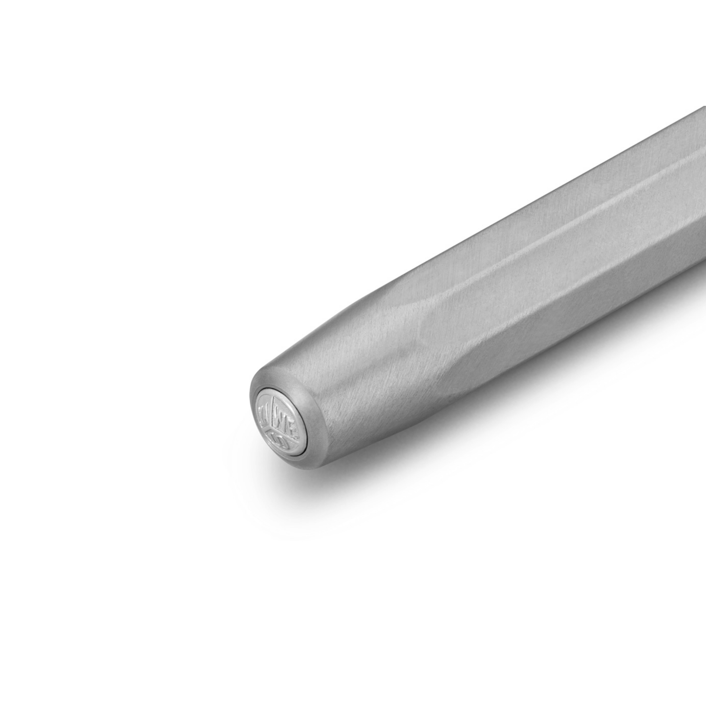 Close up view of the bottom part with the logo of Kaweco Steel Sport Rollerball Pen - 10.5 cm silver stainless steel pen with brushed finish, black G2 rollerball refill for smooth writing, precision-balanced design with elegant silver logo cap.