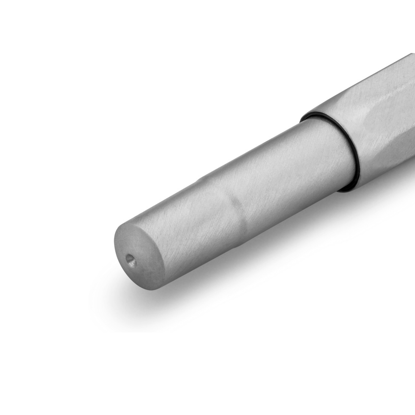 Showing the cap when closed the Kaweco Steel Sport Rollerball Pen - 10.5 cm silver stainless steel pen with brushed finish, black G2 rollerball refill for smooth writing, precision-balanced design with elegant silver logo cap.